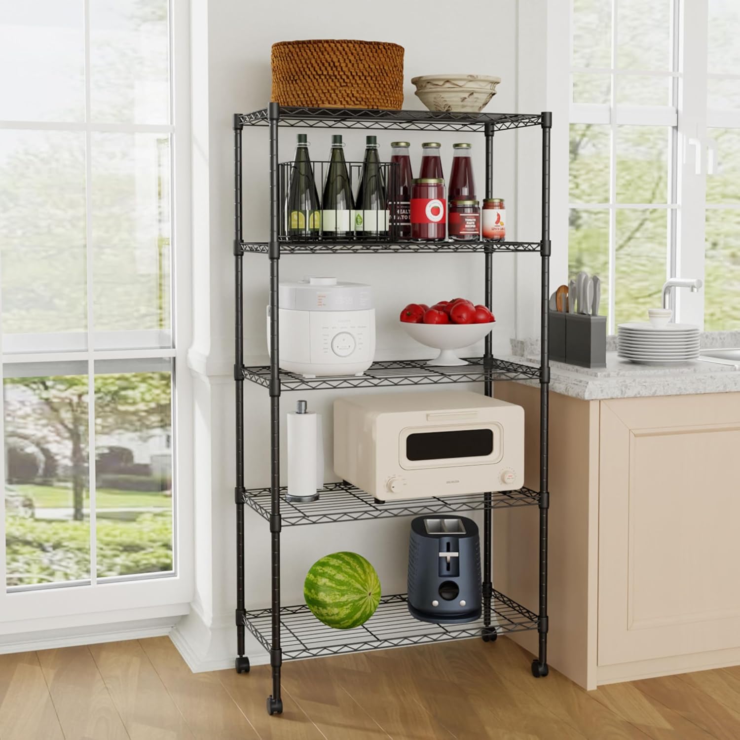 24/7 Shop at Home Rex Industrial 5 Tier Wire Shelving Rack with Wheels, Adjustable Shelves and NSF Certified, Metal Storage Shelves for Kitchen, Office, Garage, Basement, Laundry Room, Black