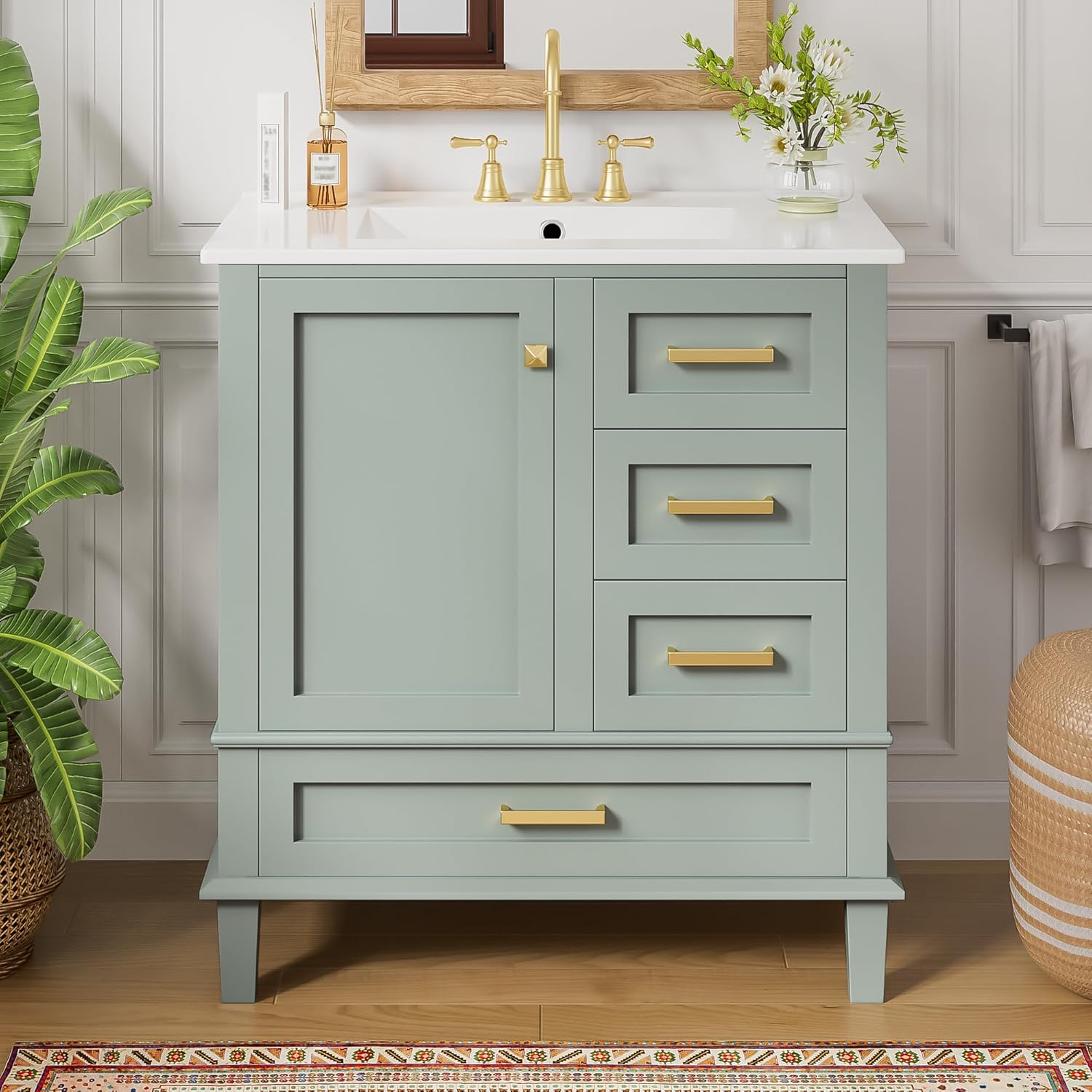 Mirightone 30" Bathroom Vanity with Sink, 30 in Vanity with Sink for Bathroom, Modern Bathroom Vanity with Sink 30 Inch, 30 Restroom Vanity with Sink, 3 Drawers and 1 Soft Closing Door (Light Green)