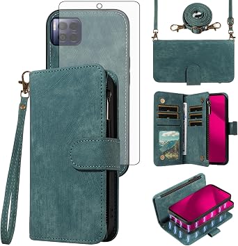 Phone Case for T-Mobile Revvl 7 5G Zipper Wallet Detachable Magnetic Cover with Tempered Glass Screen Protector Crossbody Lanyard Card Holder Tmobile Revvl7 T Mobile Revel Tmo Revell Rebel Girls Blue