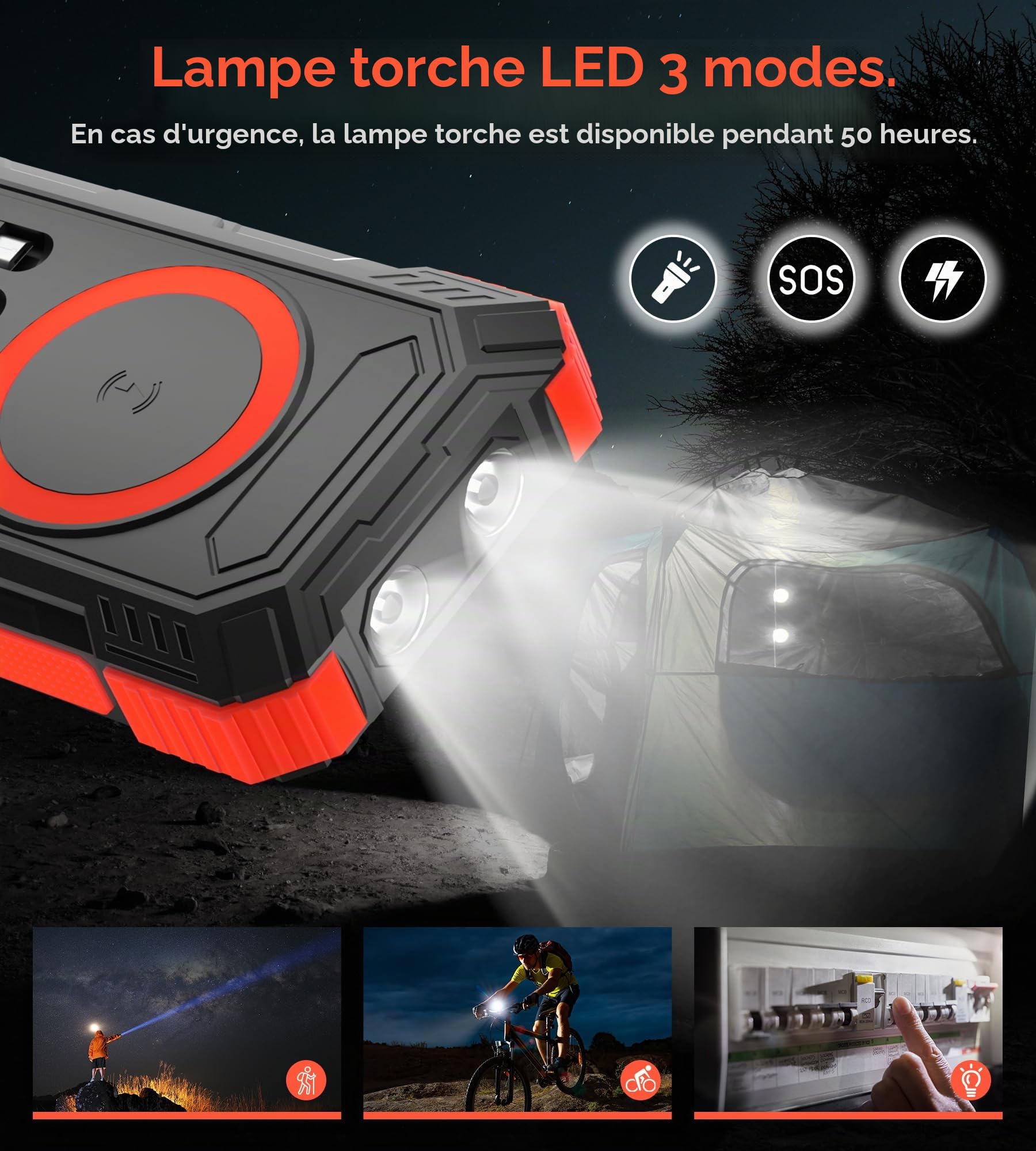 Batterie Externe Solaire 56800 mAh, Banque d'alimentation Solaire ExtéRieure éTanche LivréE avec 5 Sorties, 3 EntréEs, Lampe De Poche, Mousqueton, Boussole Qc 30 Et USB C Pd 20w pour TéLéPhones