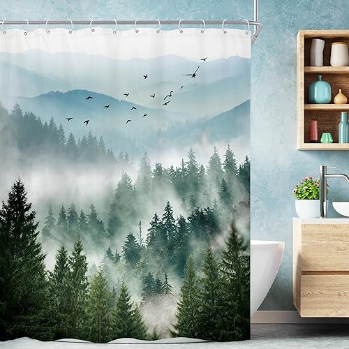 Miniatura 26 de Riyidecor Cortina de ducha de montaña verde rústica para baño, paisaje de bosque, paisaje, tela impermeable, paisaje alpino, decoración de baño