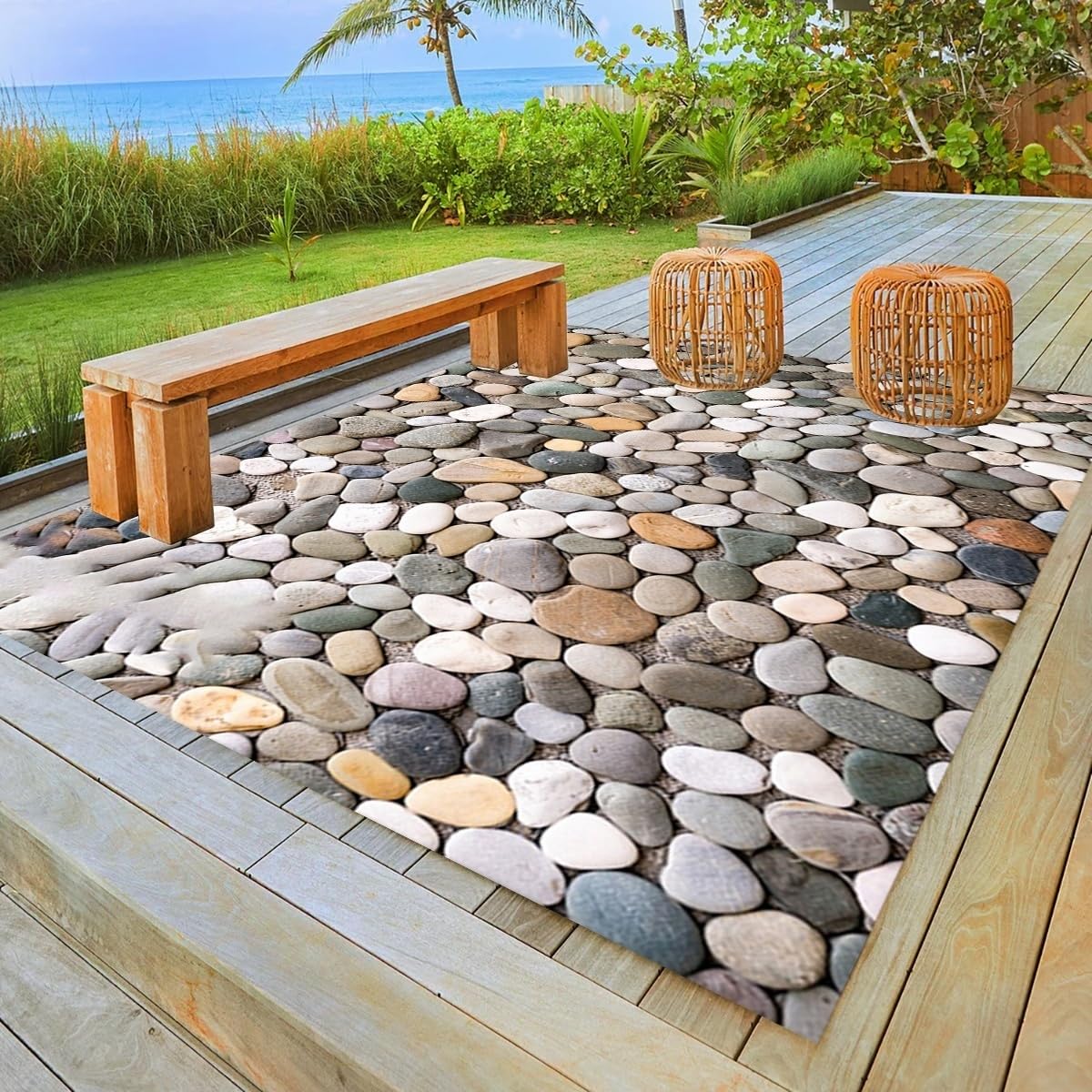 3D Brown Grey Pebble Pattern Outdoor Rug for Porch Pool Deck Garden Waterproof Machine Washable No Slip Large Outside Carpet in Backyard Balcony