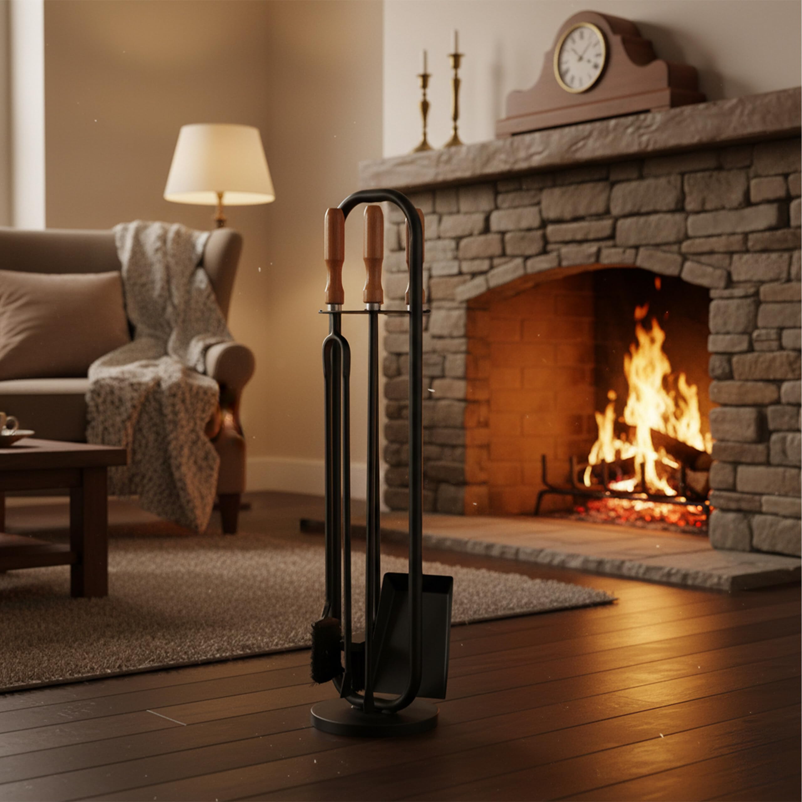 Relaxdays Set 5 Accessori per caminetto: attizzatoio, Paletta, Nero
