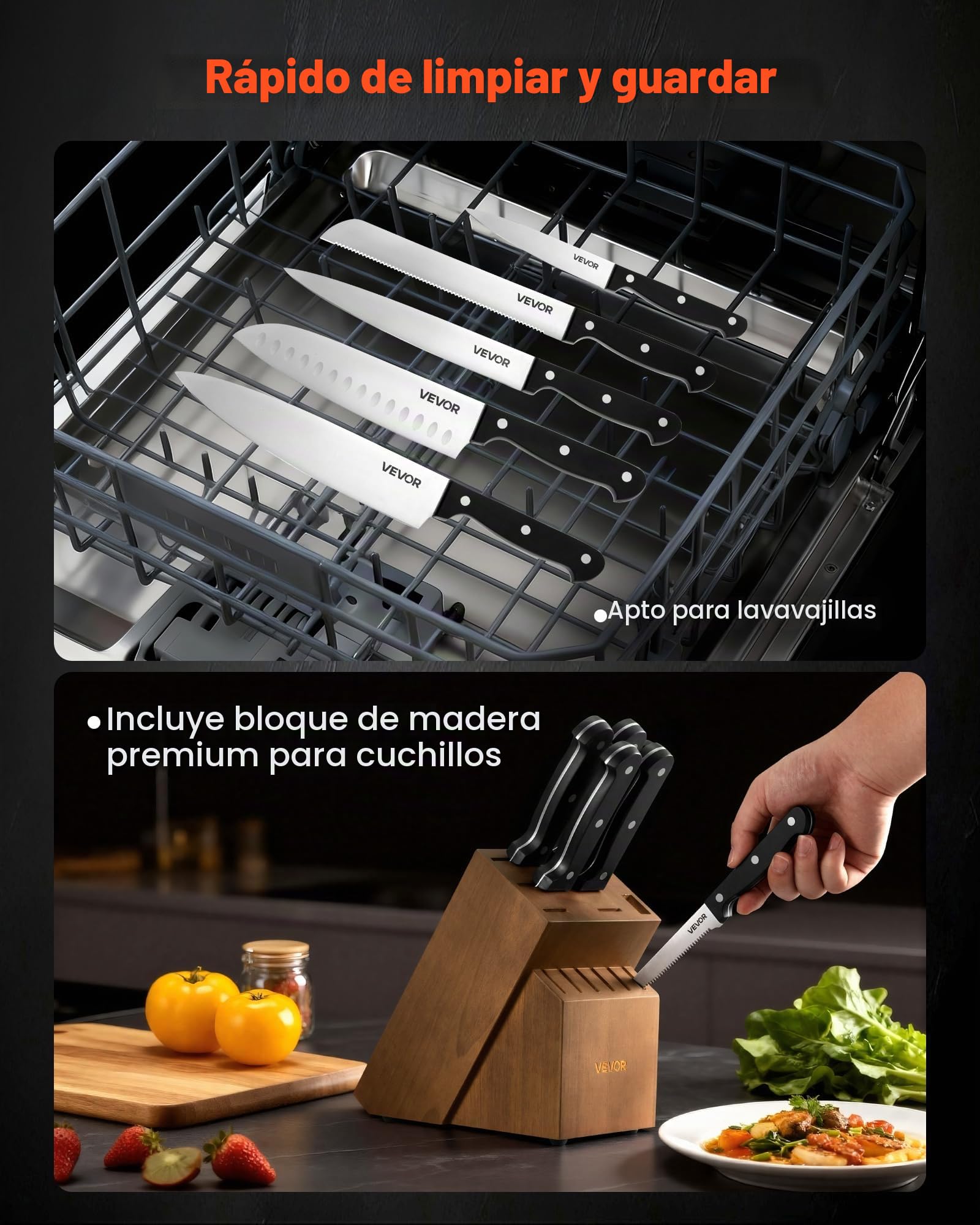 VEVOR Juego de Cuchillos de Cocina, con Bloque Madera y Afilador, Resistente a la Corrosión, Cubertería de Cocina con Mango Ergonómico ABS, para Cocineros Aficionados, 15 uds, 205 x 125 x 310 mm