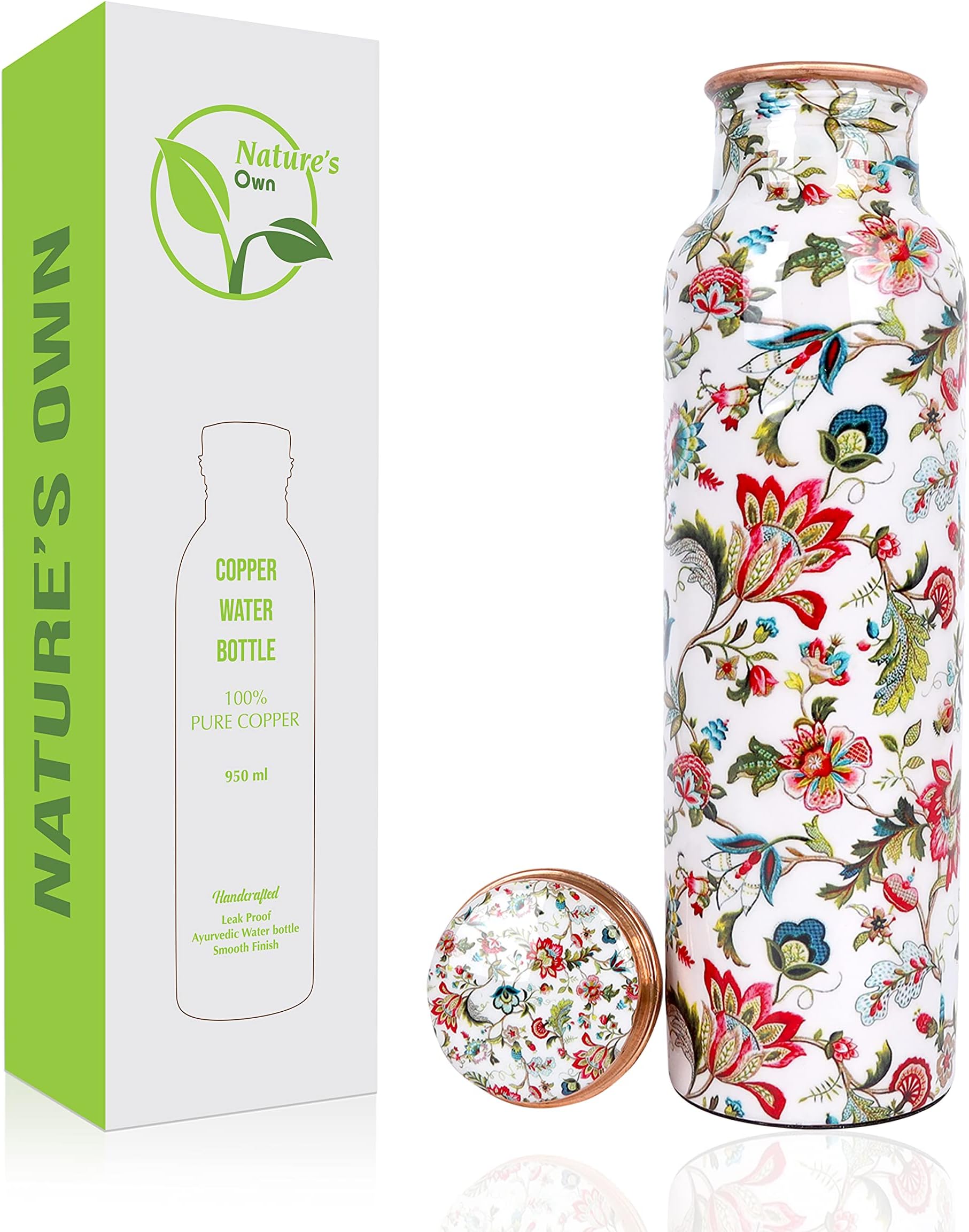 Nature's Own Pure Water Bottle For Drinking 1000ml – 34 Oz Extra Large – An Ayurvedic Pure Copper Water Bottles For Drinking More Water - Leak Proof Heavy Duty Copper Vessel (Royal Floral)