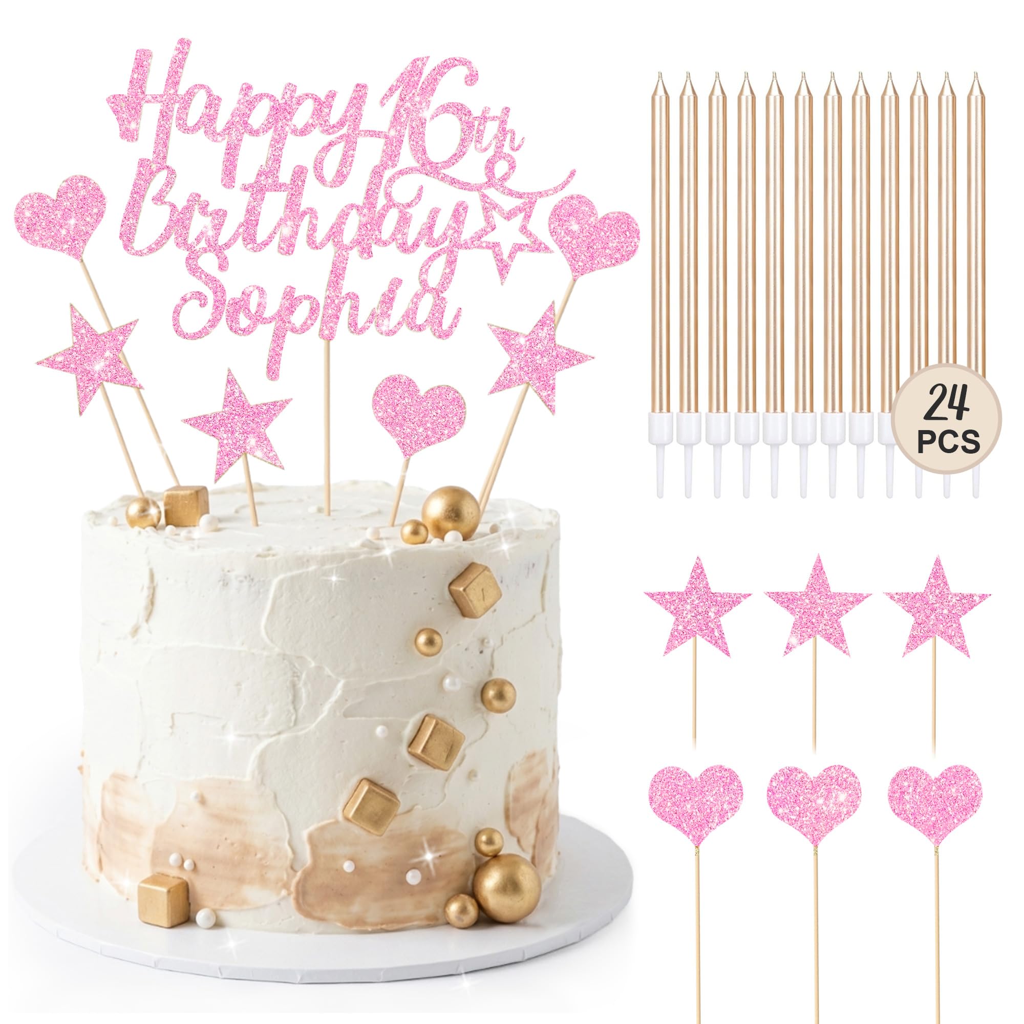 EDSG Personalised Happy Birthday Cake Topper with 24 Candles, Double-Sided Glitter Cake Decorations with Any Age Name, Birthday Party Supplies for Boys Girls Women Man (Light Pink) — image 1