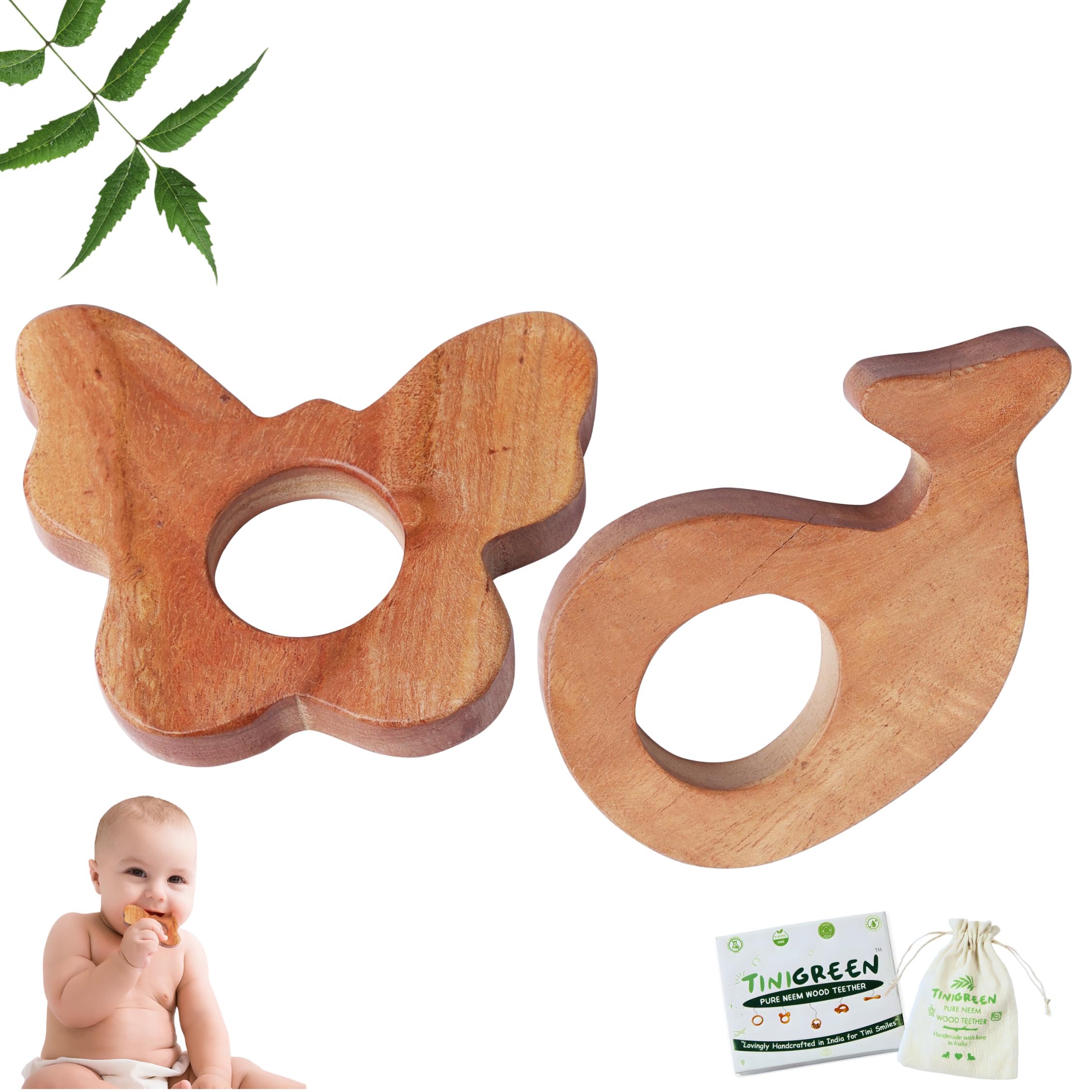 Neem Wooden Baby Teether Butterfly & Dolphin Shape Safe Natural Teether for Babies 3–12 Months (Pack of 2)-image-37