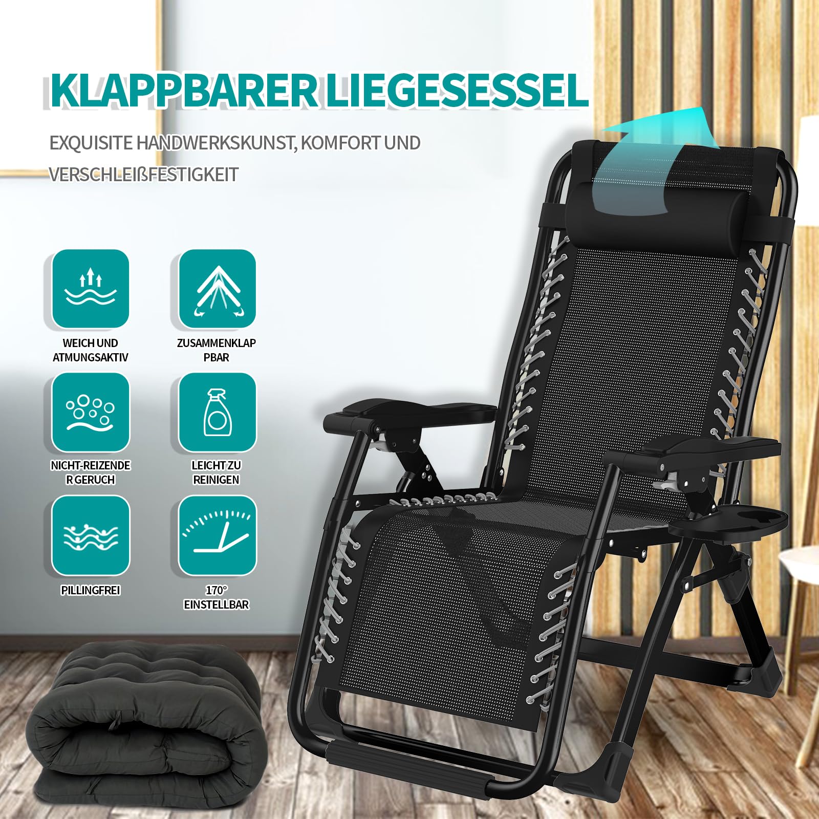 Fiutazge Ergonomiczny leżak do opalania, 72 cm, regulowane oparcie, leżak ogrodowy z poduszką, uchwyt na napoje, zagłówek, podnóżek, leżak do patio, ogrodu, na plażę, do basenu, czarny