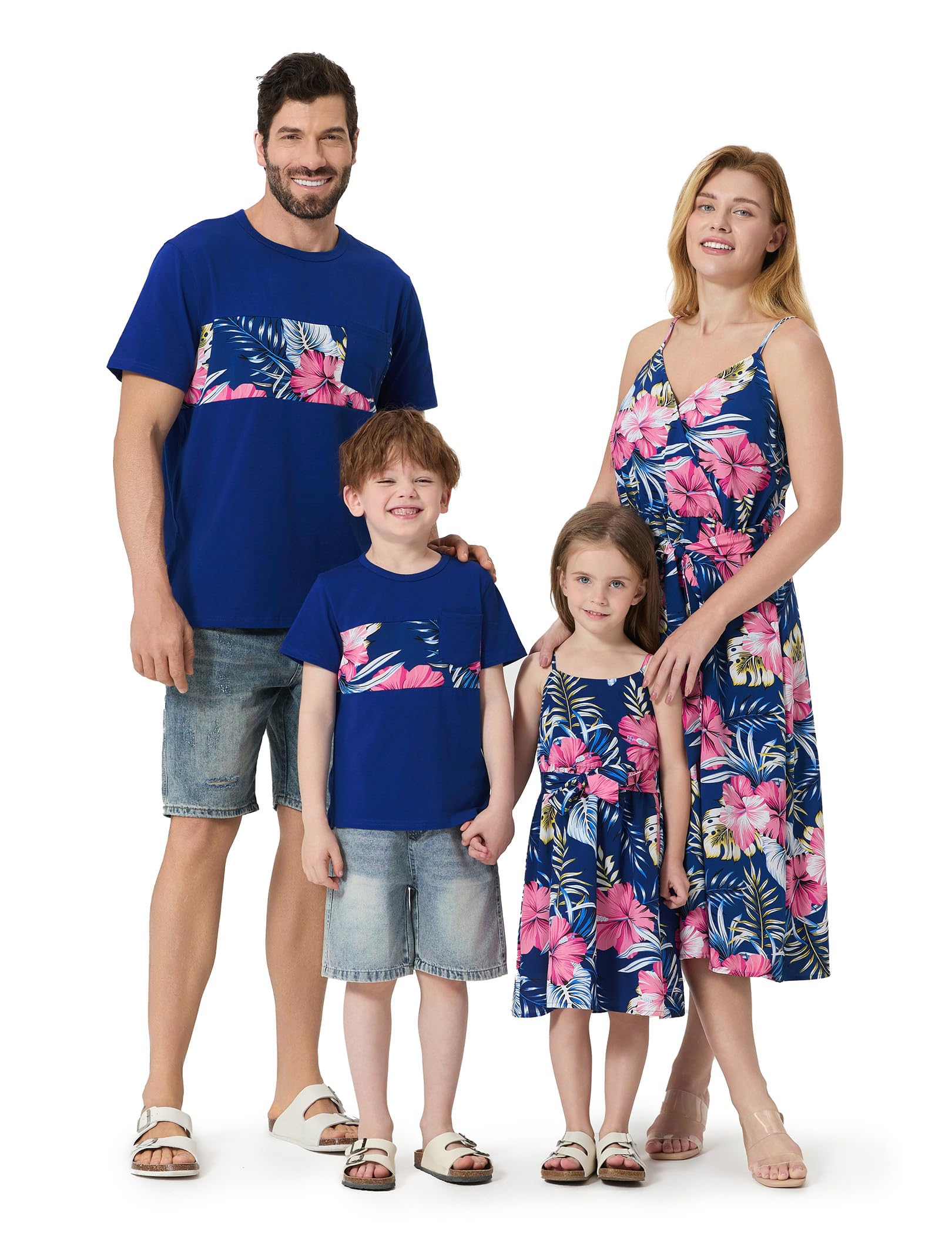 PATPAT Family Matching Outfits Mommy and Me Dresses Hawaiian Tropical Vacation Beach Spaghetti Strap Dress and Shirt