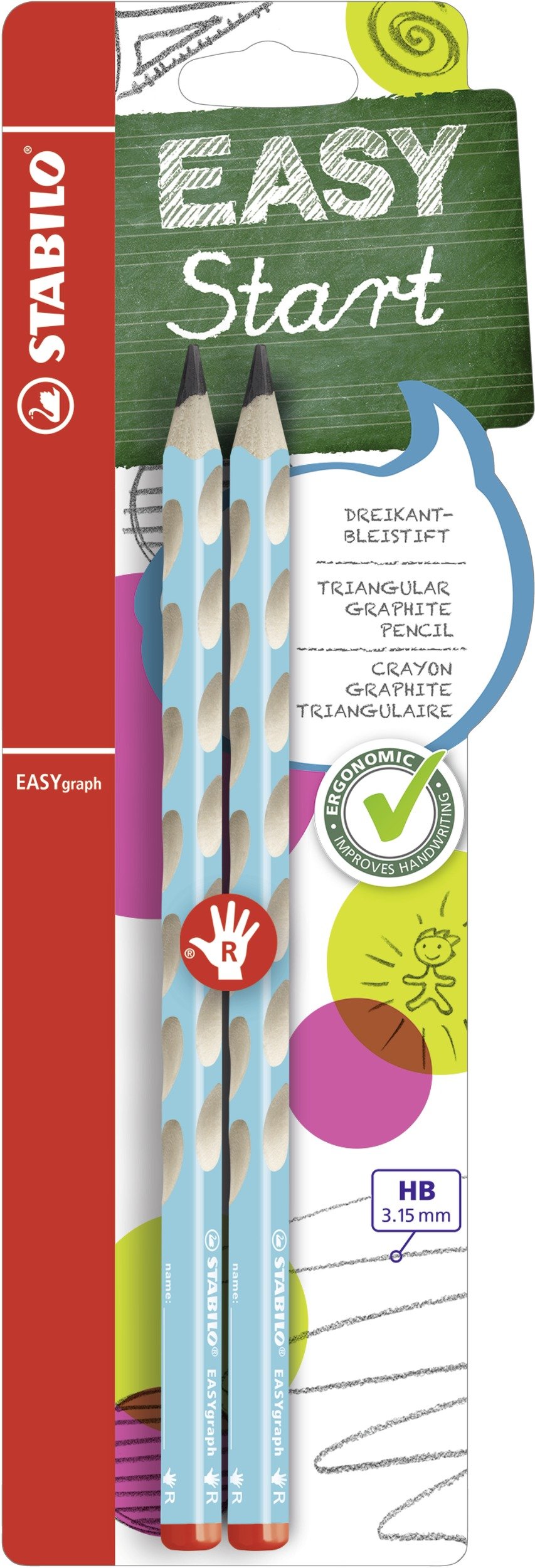 STABILO EASYgraph - Ergonomic Graphite Pencil - Right-Handed - Pack of 2 - Blue - Degree HB