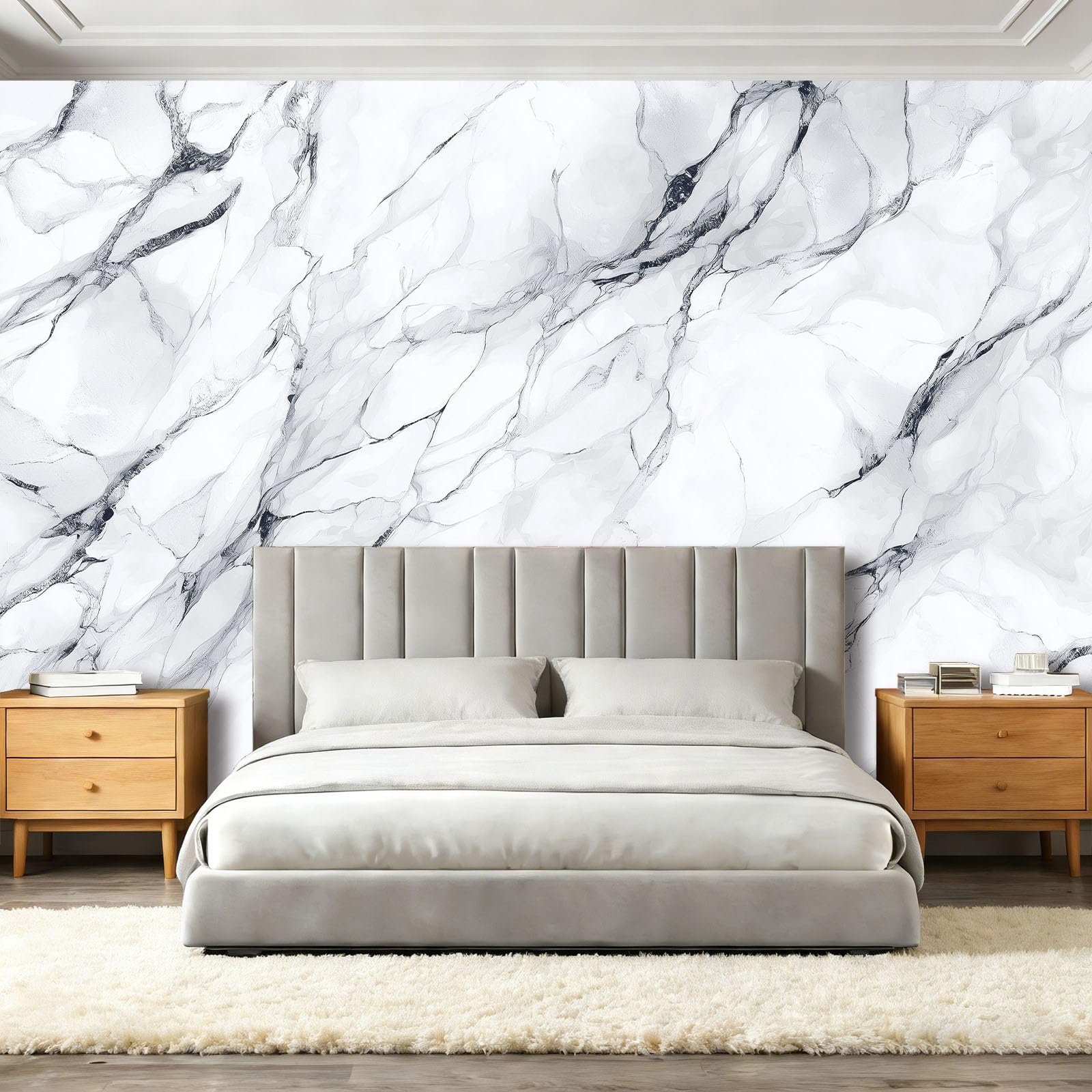 Tapeta 300 x 210 cm, nowoczesny minimalistyczny marmur, dekoracja z włókniny do pokoju dziecięcego i ściany TV, biała