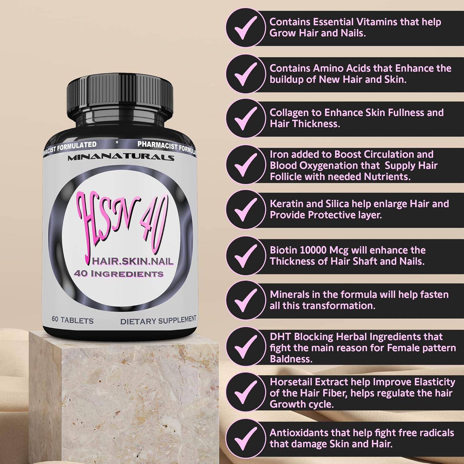HSN 40 Hair Skin and Nails Growth Vitamins for Women with Biotin 10000 mcg, Keratin, Collagen for Thicker, Stronger Hair, Tight, Smooth and Soft Skin, Healthy Nails