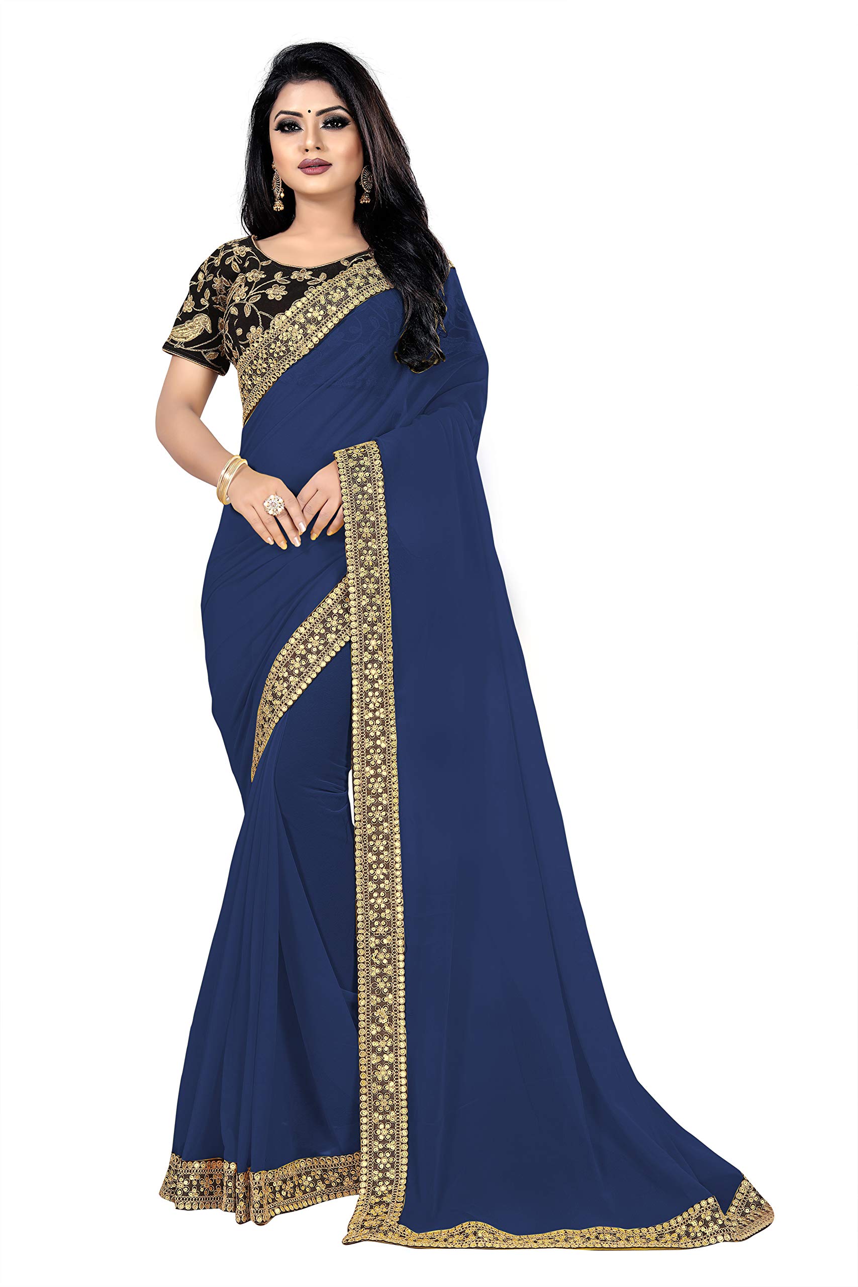 KFHubSaree for Women Indian Ethnic Designer Sari Georgette Embroidered Sequence Traditional Festival Wedding Party Wear Sarees with Blouse (Navy Blue, Unstitch Blouse)