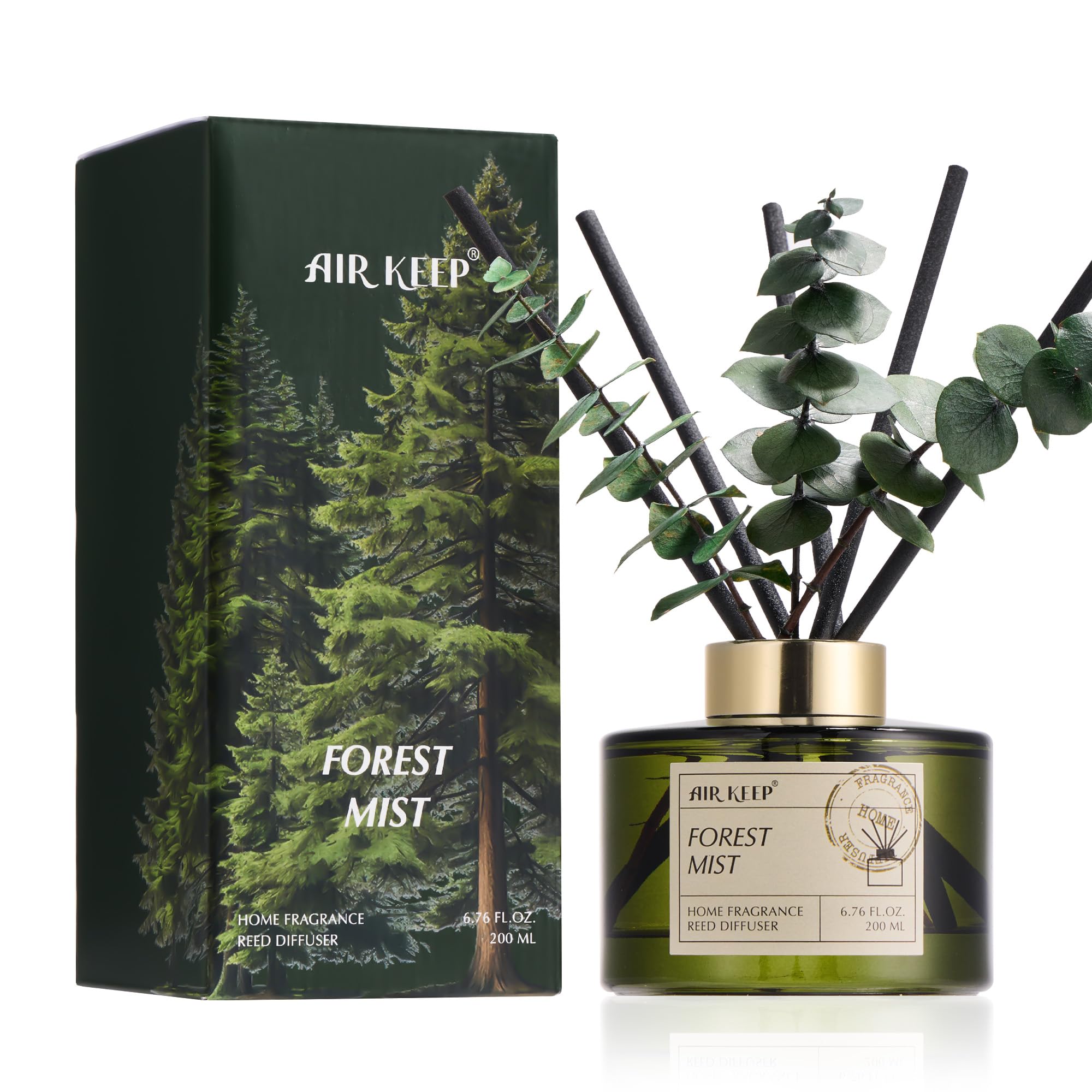 Airkeep Reed Diffuser, Forest Mist Scent with Diffuser Sticks & Decorative Eucalyptus Stems, Home Fragrance for Bedroom, Bathroom & Living Room