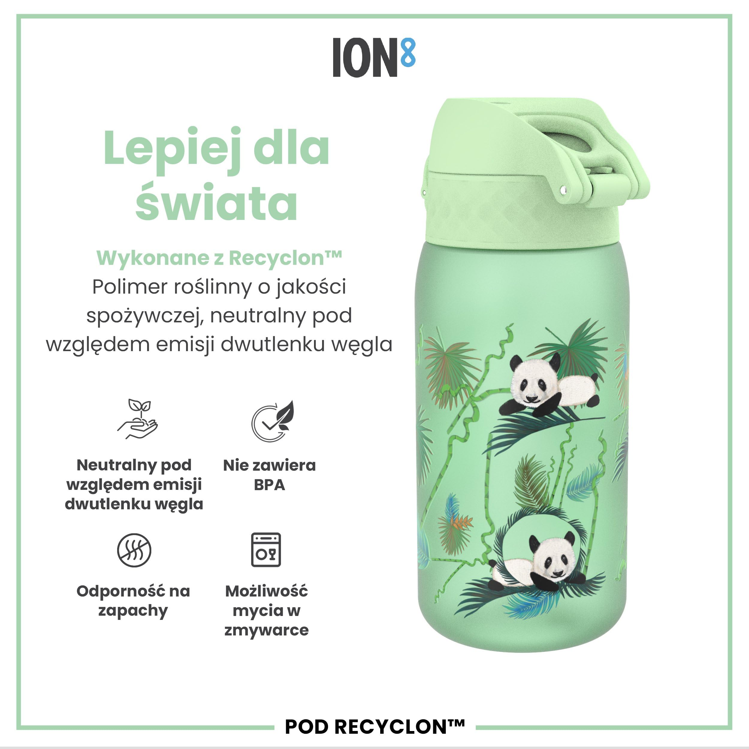 ION8 Butelka dla Dzieci, 350 ml/12 oz, Szczelna, Łatwa do Otwarcia, Bezpieczny Zamek, Można Myć w Zmywarce, Bez BPA, Uchwyt do Przenoszenia, Łatwa do Czyszczenia, Bezwonny, Pandy