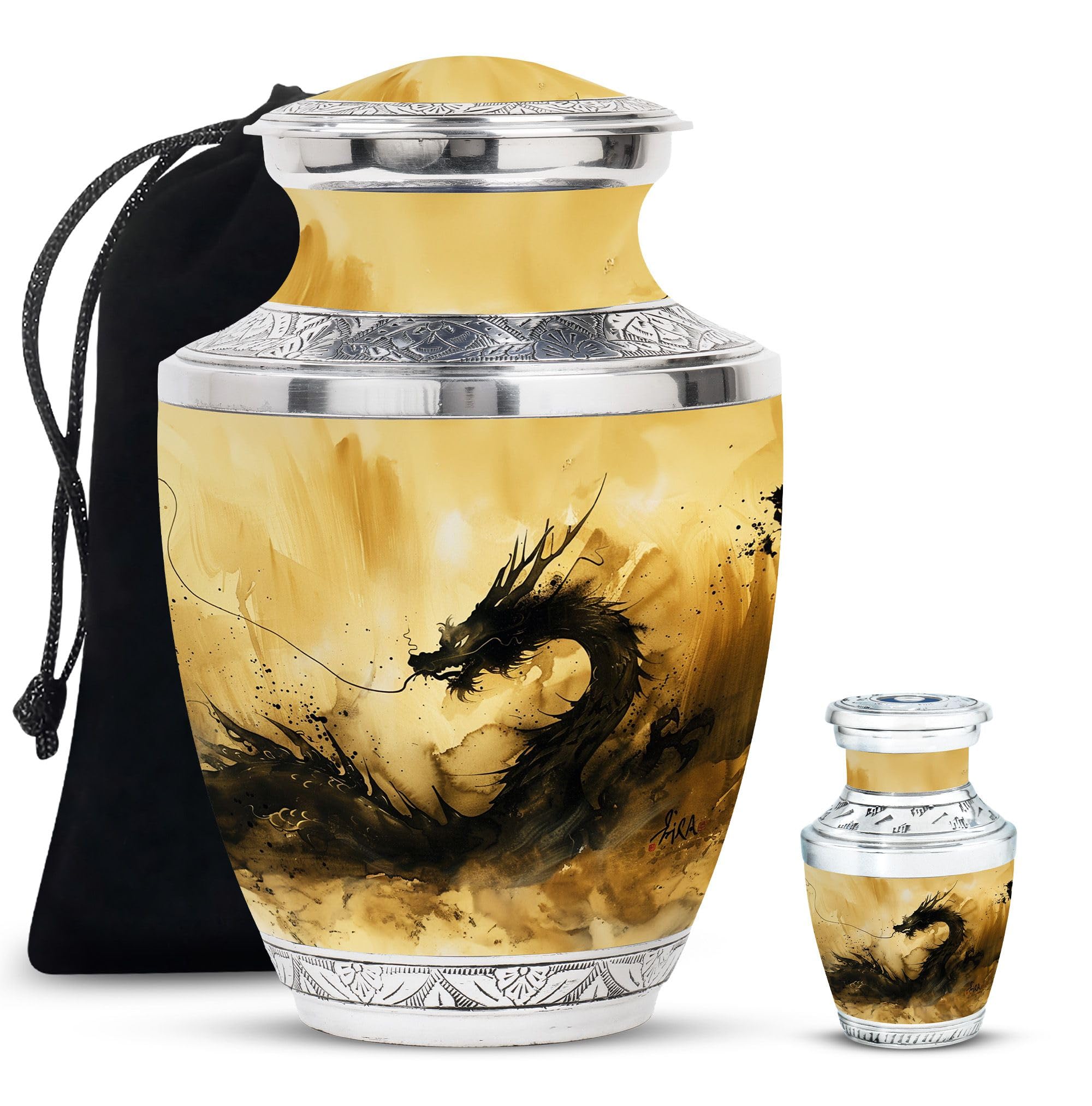 YATHABHISA Dragon Urn, Burial Urns for Ashes - Combo of 1 Large Urn with Velvet Bag and 1 Small - Keepsake Urn for Men & Women - Small Urns for Human Ashes - Urn for Adult Female Ashes, Black
