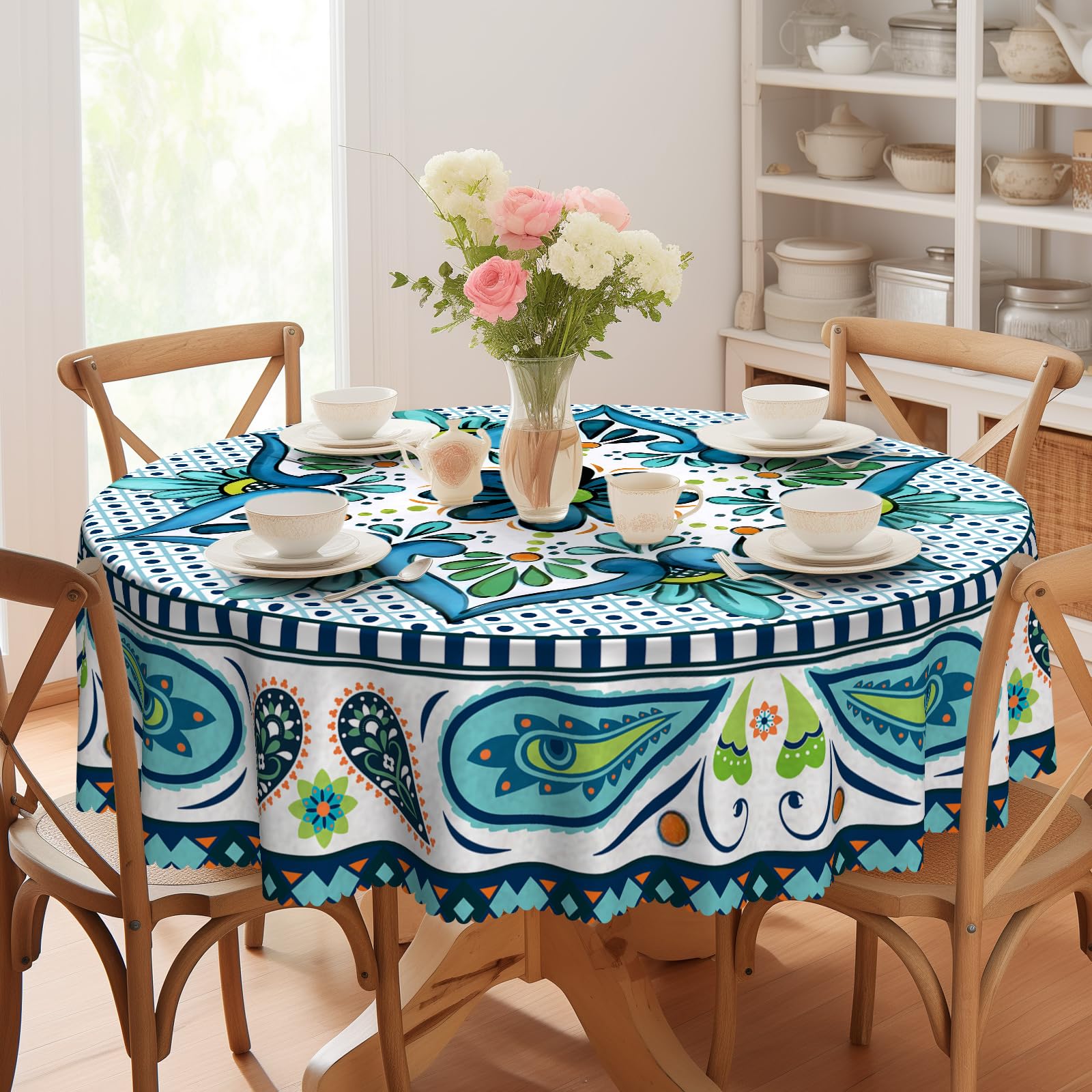Eikione Round Tablecloth 70 inch Round Boho Tablecloths Polyester Table Cloth for Party Restaurant Banquet Dining Buffet Table Picnic Decorations — image 1