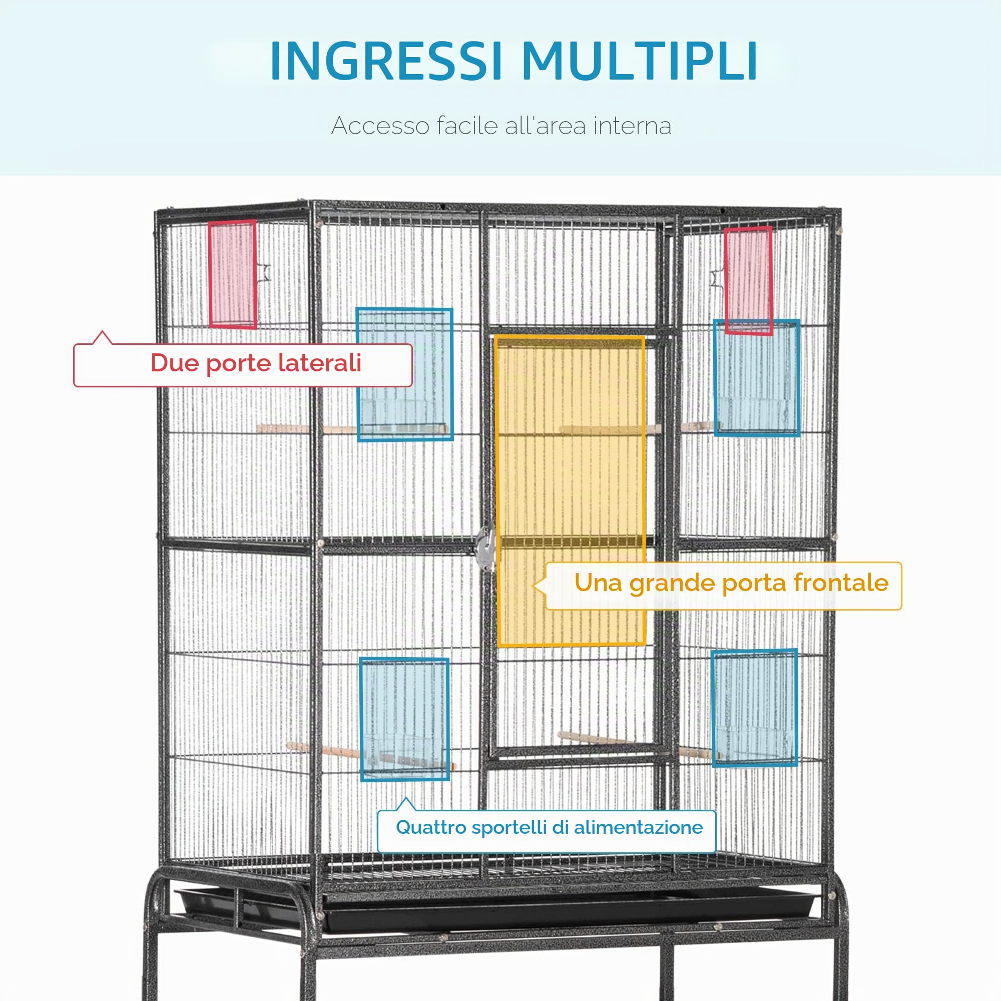 PawHut Gabbia per uccelli, portatile, gabbia per uccelli, con 4 mangiatoie e 4 posatoi pratici, 77 x 47 x 163 cm, colore: nero e grigio