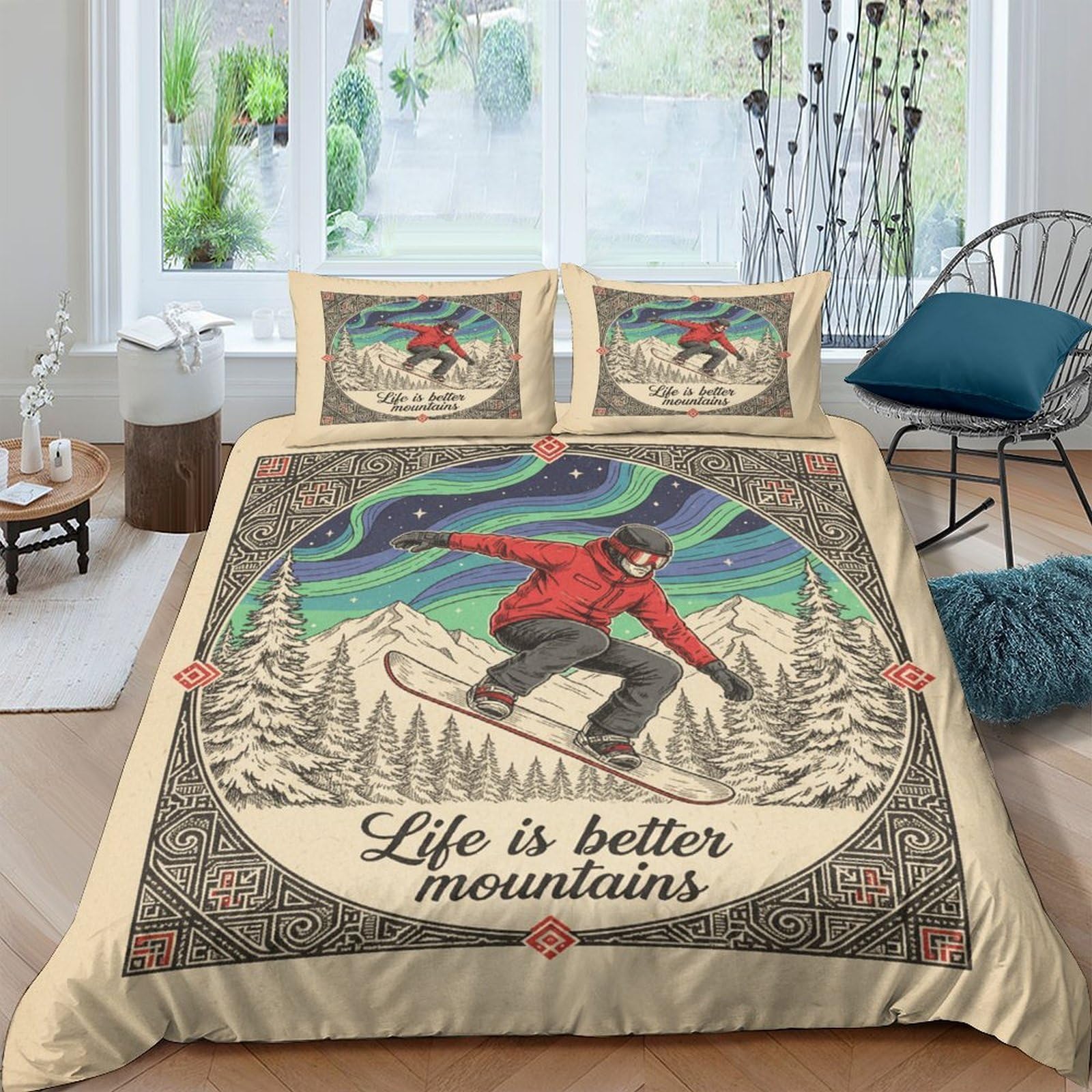 Ctjqhvkz Style-7 3D Printed Snowboard Aurora Fitted Sheet Microfiber Anti-Slip Mattress Cover Mountain Winter Bedding For Bedroom Guest Room Single（135X200cm）