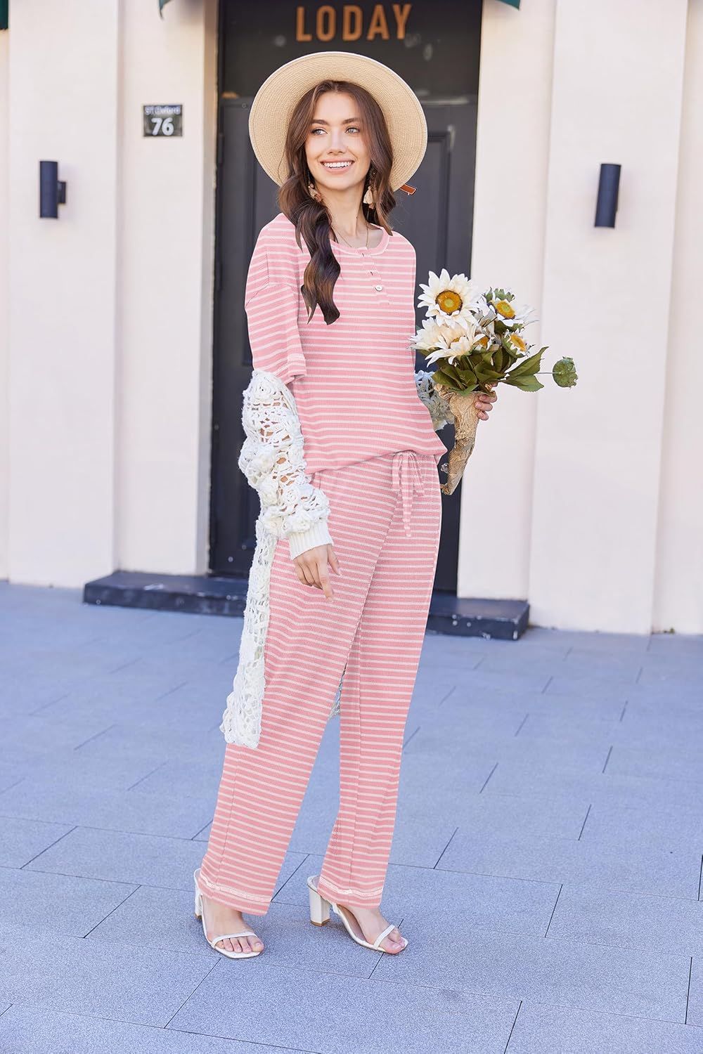 Ekouaer Lounge Sets for Women Waffle Knit Womens Pajama Sets 2 Piece Pjs Sets with Pockets Short Sleeve Top Long Pant - Image 4