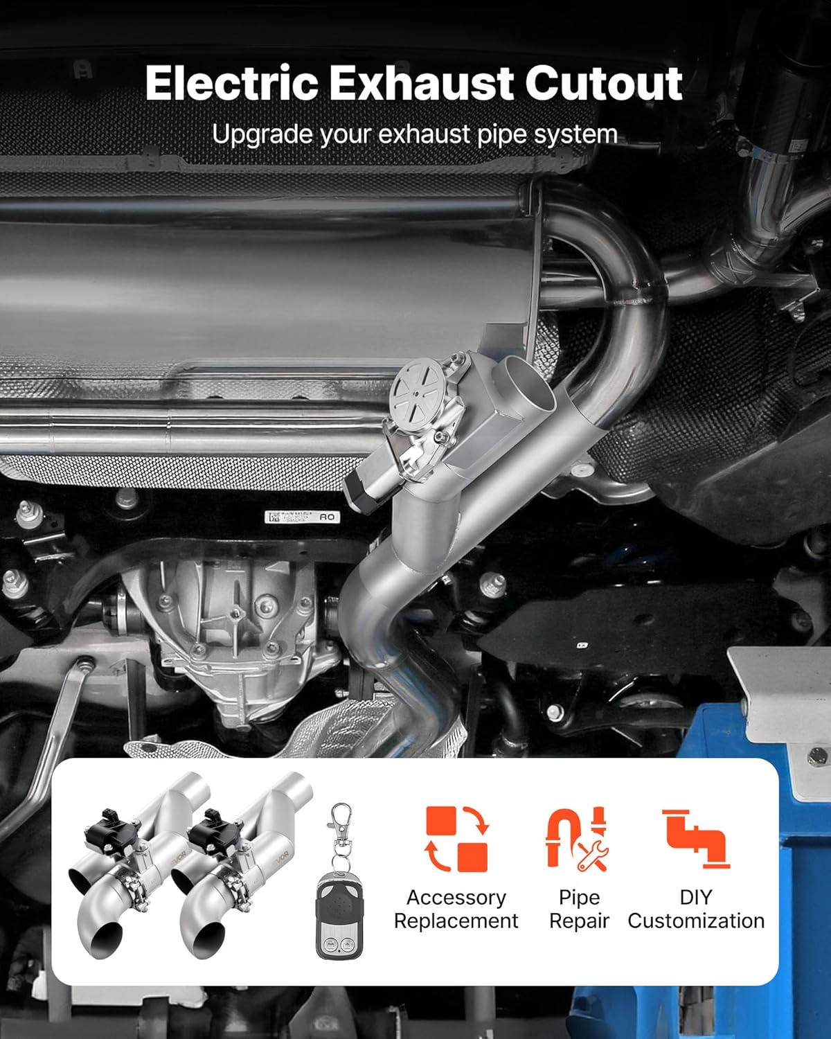 VEVOR Electric Exhaust Cutout, 2.5 Inch 2PCS Universal Stainless Steel Exhaust Valve Kit with One Controller Remote Kit, Cut Out Valve, Y Pipe, Remote Control, Fits Trucks, Sedans, Sports Cars, SUVs