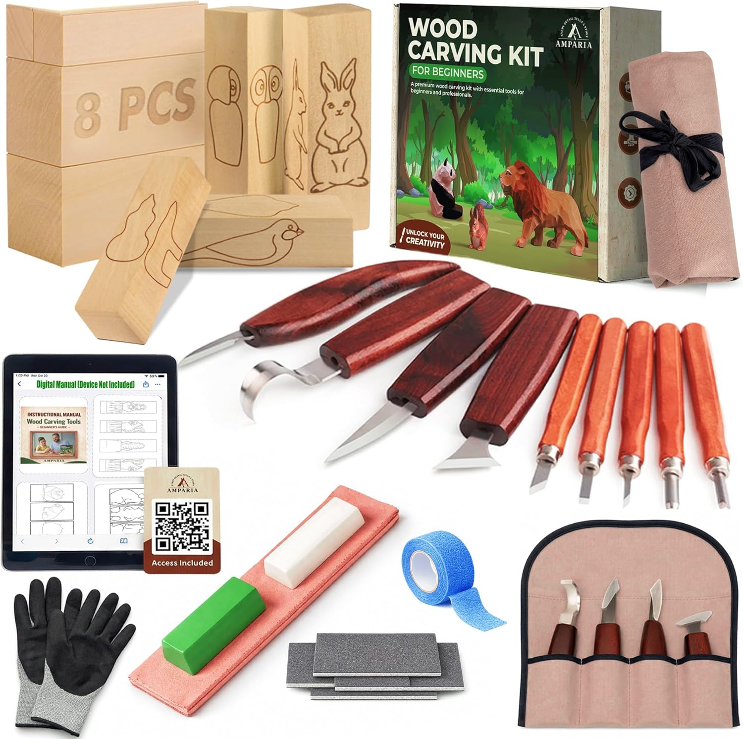 Wood Carving Kit – 29Pcs Whittling Knife Set with 9 Knives, Basswood Blocks w/Carved Guides, Safety Gloves, Whetstone, Stropping Leather & Roll Bag – AMPARIA Premium Tools for Beginner & Professional