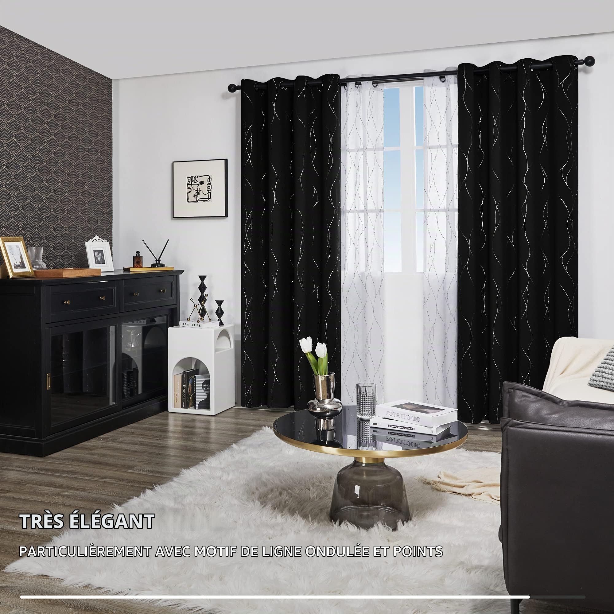 Deconovo Lot de 2 Rideaux Occultant à Oeillets Rideaux Chambre Adulte Rideaux Salon Moderne Noir 140x290cm Rideau pour Porte d'entré
