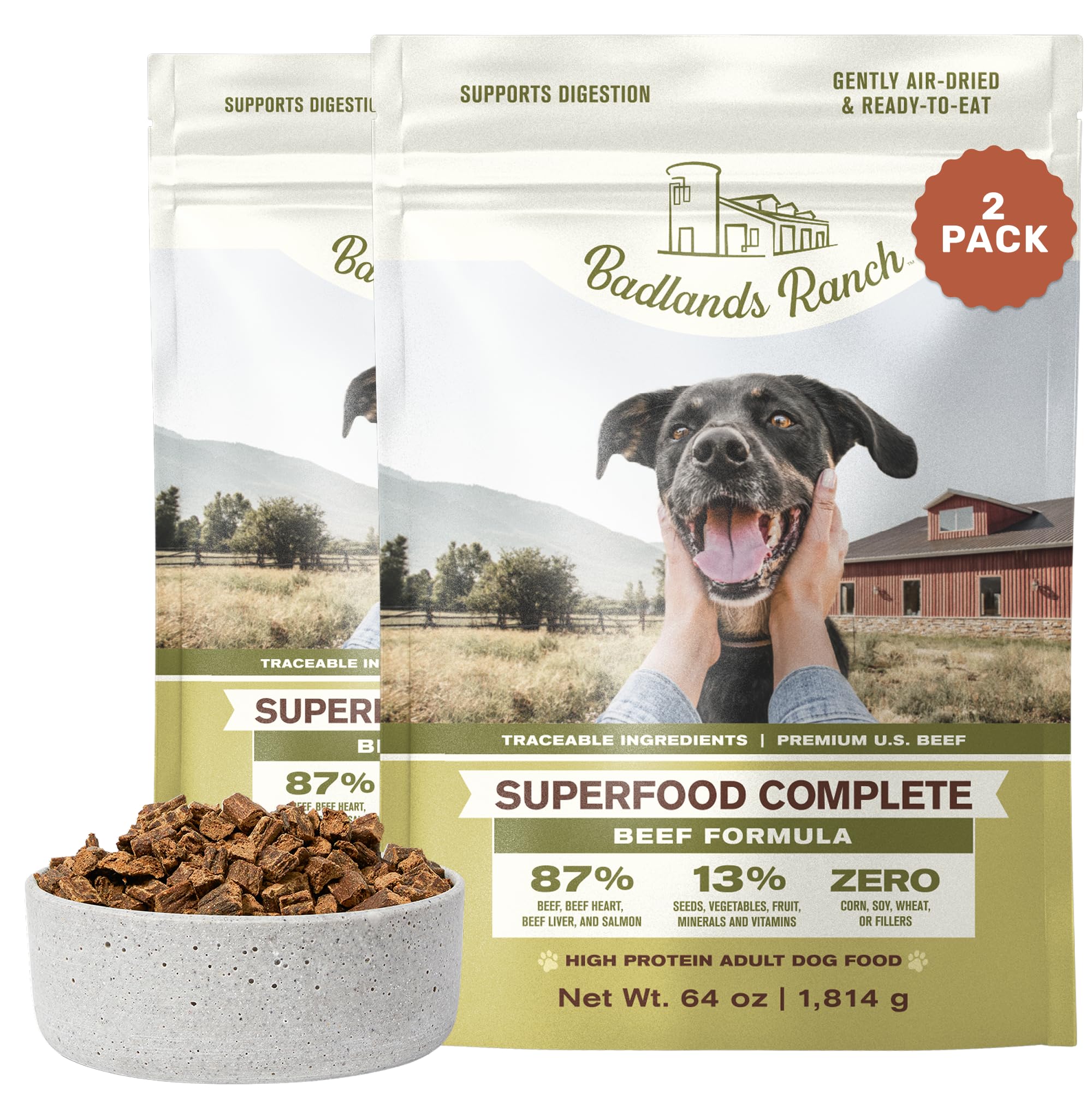 BADLANDS RANCH Air-Dried Beef Dog Food, 87% Real Meat, 64 oz, 2-Pack