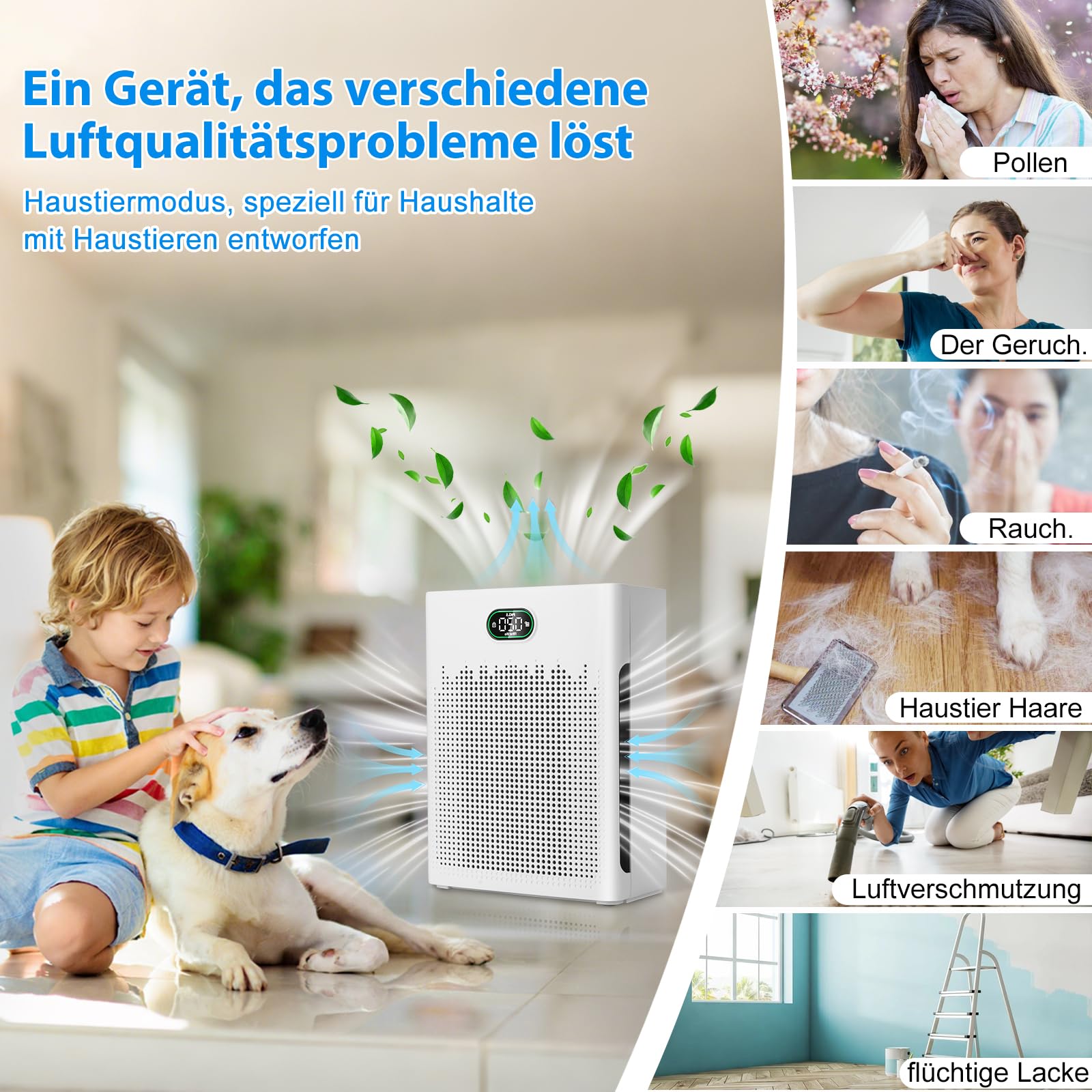 HEPA Luftreiniger,Air Purifier mit App-gesteuert&PM2.5 LED-Anzeige,Schlafmodus bis zu 22 dB,CADR 250m³/h bis 90㎡,Tiermodus,entfernt 99,97% von Staub, Pollen, Tierhaaren & Gerüchen