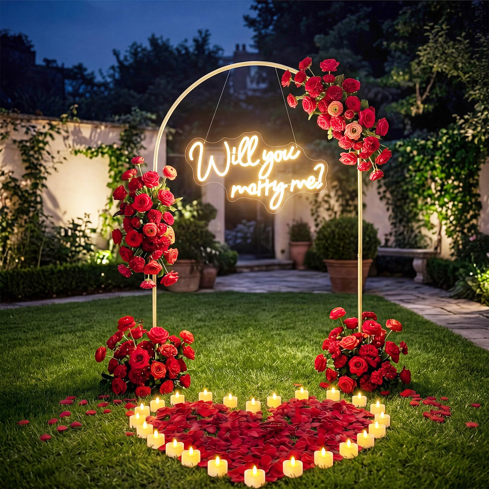 Coume 2,2 m Hochzeitsantrags-Dekorationsset "Will You Marry Me", Neonschild | Großer Metallbogenständer, 24 Herz-LED-Kerzen, 2000 rote Rosenblätter, für den Außenbereich, Antrag, Hochzeit, Verlobung