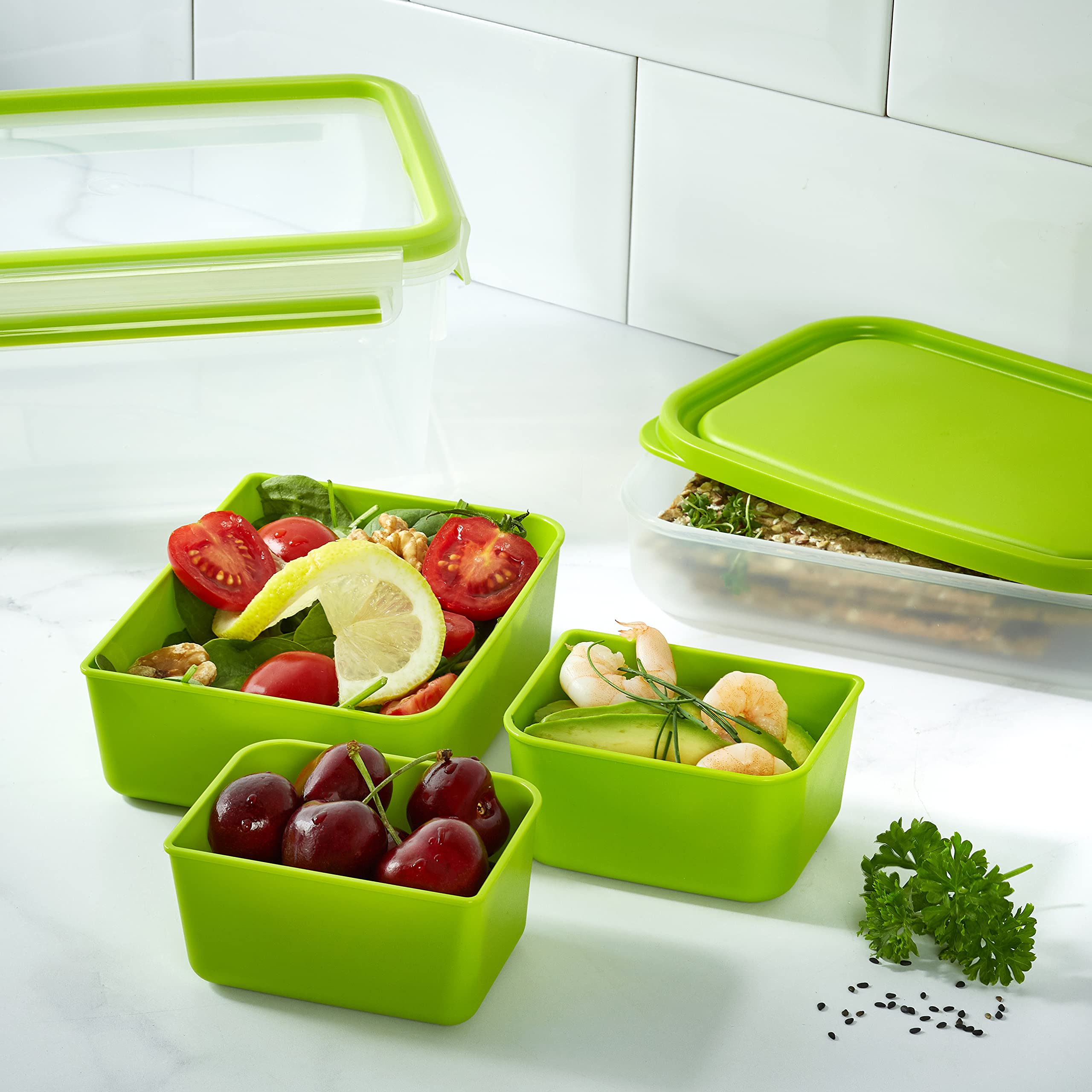 Emsa N10716 Clip & Go pudełko na lunch, 2,2 l, z 3 wkładkami, puszka i talerz, 100% szczelności