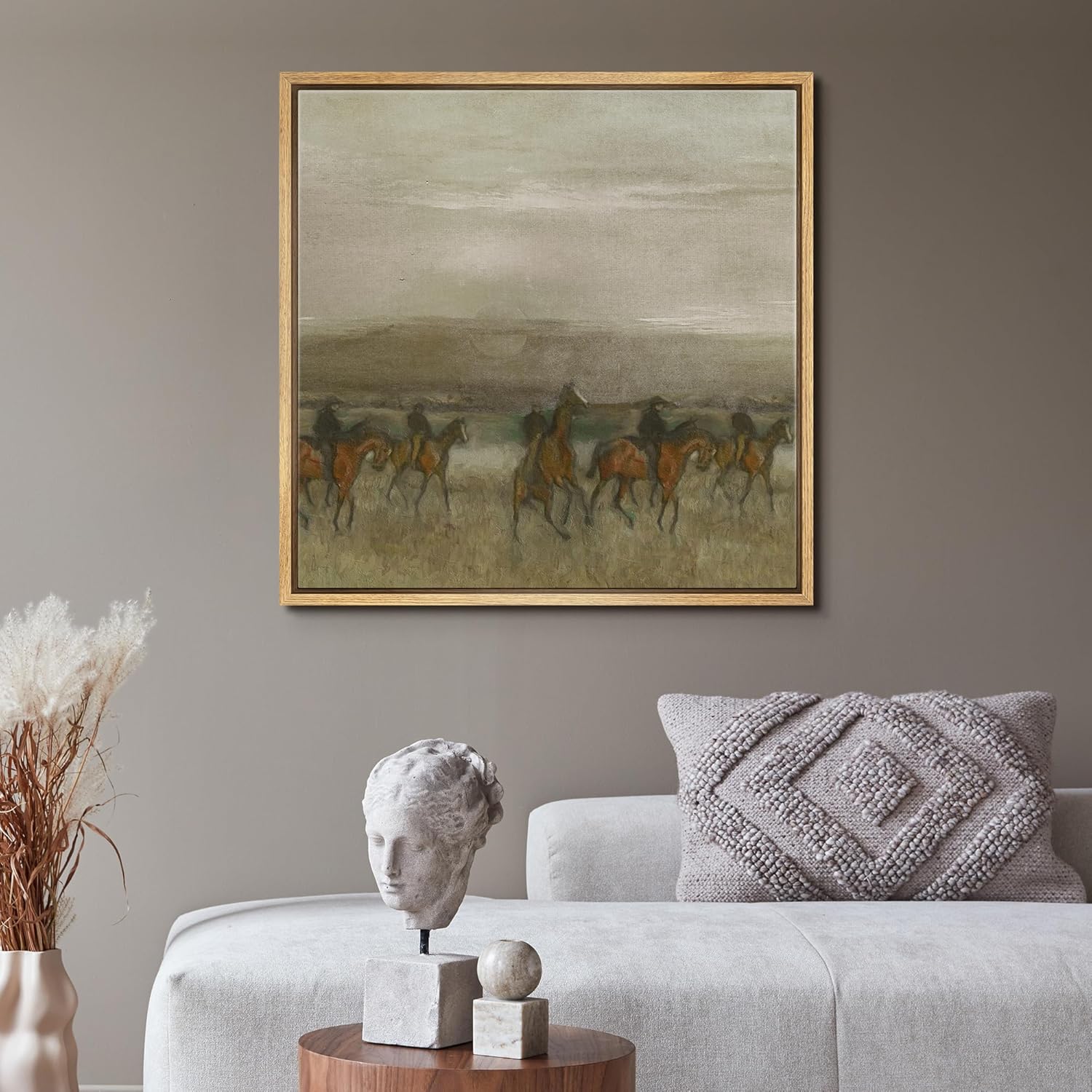 MUDECOR Framed Canvas Print Wall Art Equestrian Procession in Golden Fields Vintage Style Horse Illustrations Realism Decorative Panoramic Earth for Living Room, Bedroom, Office - 24"x24" Natural