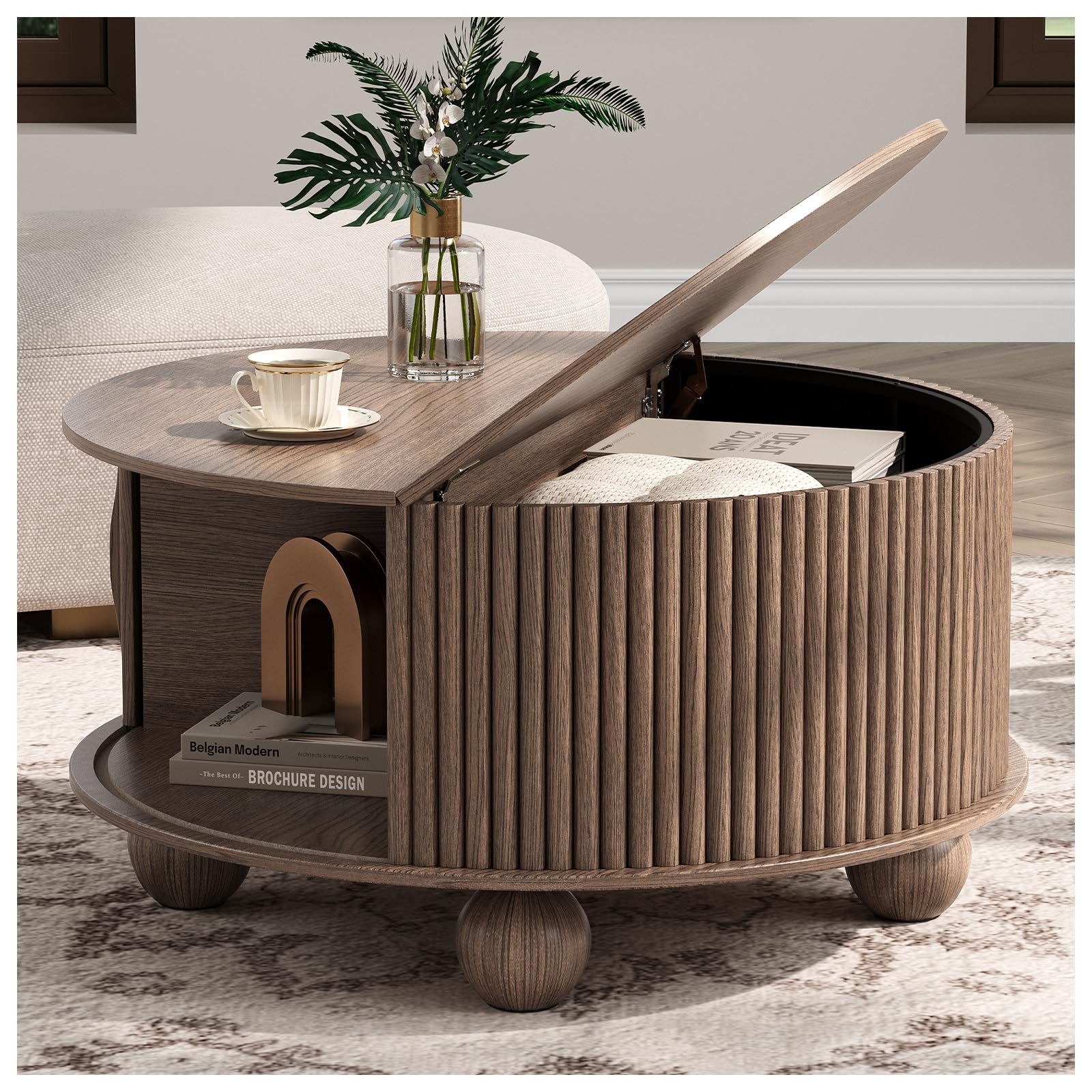 Round Coffee Table with Storage 31 5 Walnut Fluted Drum Center Table Mid Century Modern Wood Circle Table