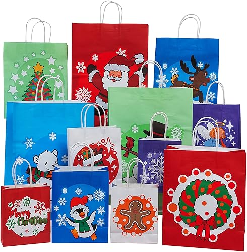 Miniatura 8 de JOYIN 24 bolsas de regalo – 12 diseños, grande 15 pulgadas, "mediano 12", "pequeño 9", "XS 7" con Papá Noel, muñeco de nieve, reno, árbol de