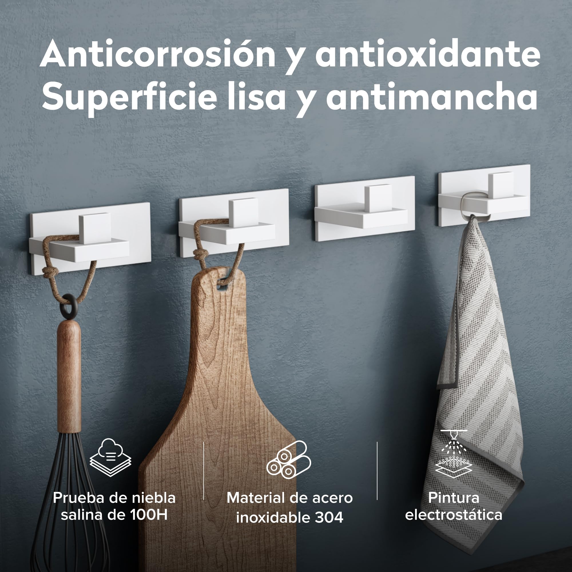 doporro Gancho de Pared Simple de Acero Inoxidable 304, Antióxido y Antideslizante, Instalación sin Taladros o con Tornillos, Blanco Mate, 6 Unidades, Stalo-06