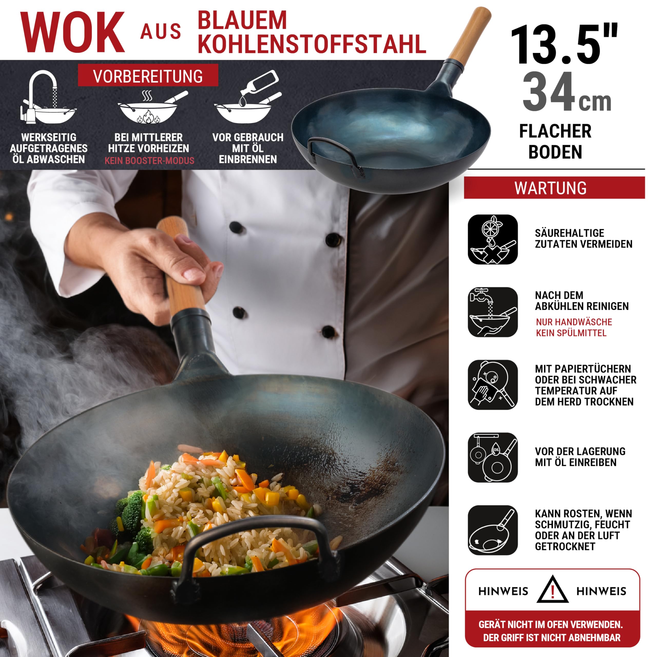 YOSUKATA Flacher Boden Blau Karbonstahl Woks & Wokpfannen 34 cm | Voreingebrannter Wokpfanne - Traditionell Wok für induktionsherd - Kompatibel mit Gas- Elektroherden Grill Induktion Feuer