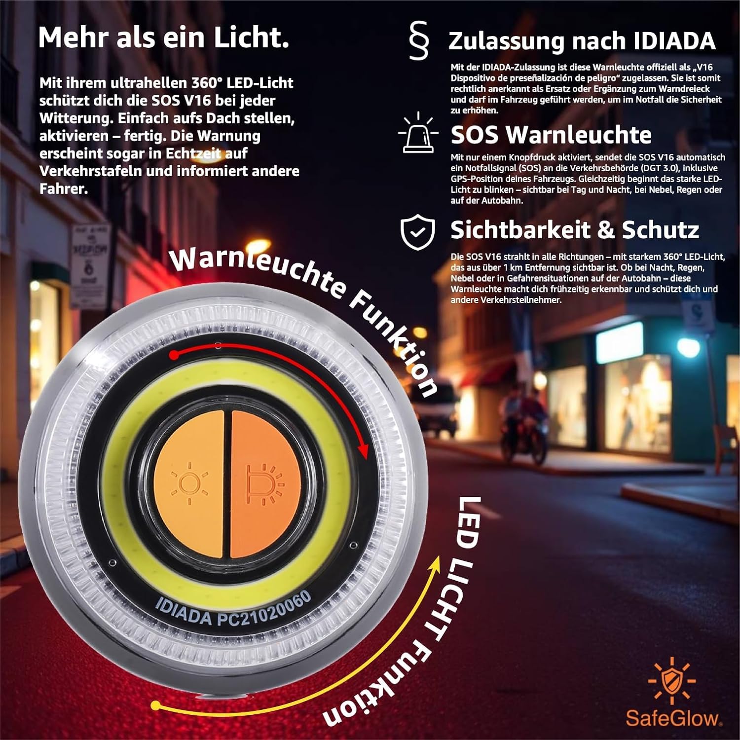Światło awaryjne V16 do samochodów i motocykli | Światło awaryjne LED z podstawą magnetyczną | Widoczność 360° | Zasilanie bateryjne | Zastępuje trójkąt awaryjny (Hiszpania, od 2026 r.) |