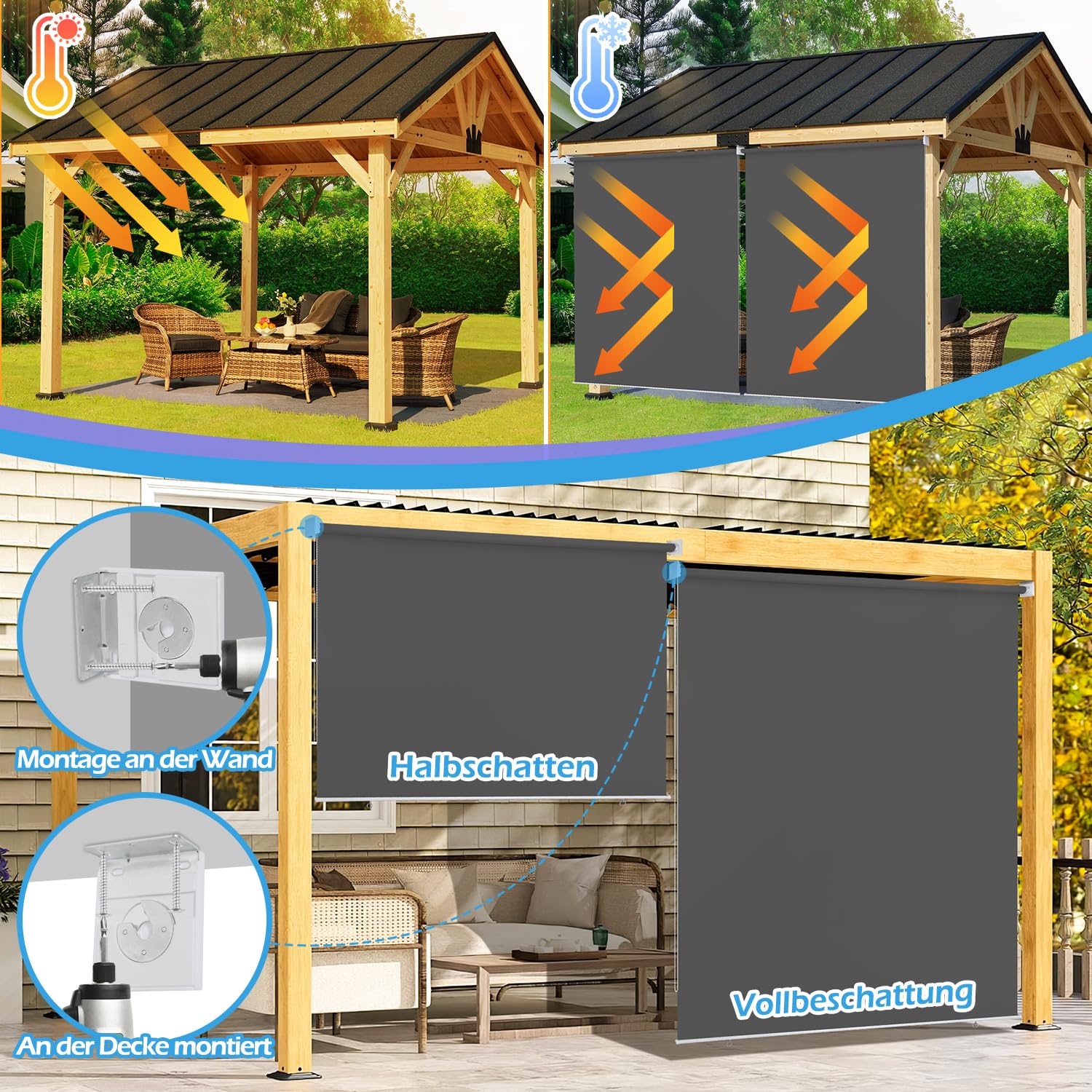 Randaco Senkrechtmarkise Vertikalmarkise Außenrollo Balkonrollo 180x240cm, Outdoorrollo für Balkon, Terrasse, Garten, Sichtschutzrollo Wetterfest Sonnenschutz UV Schutz, Anthrazit, 2X