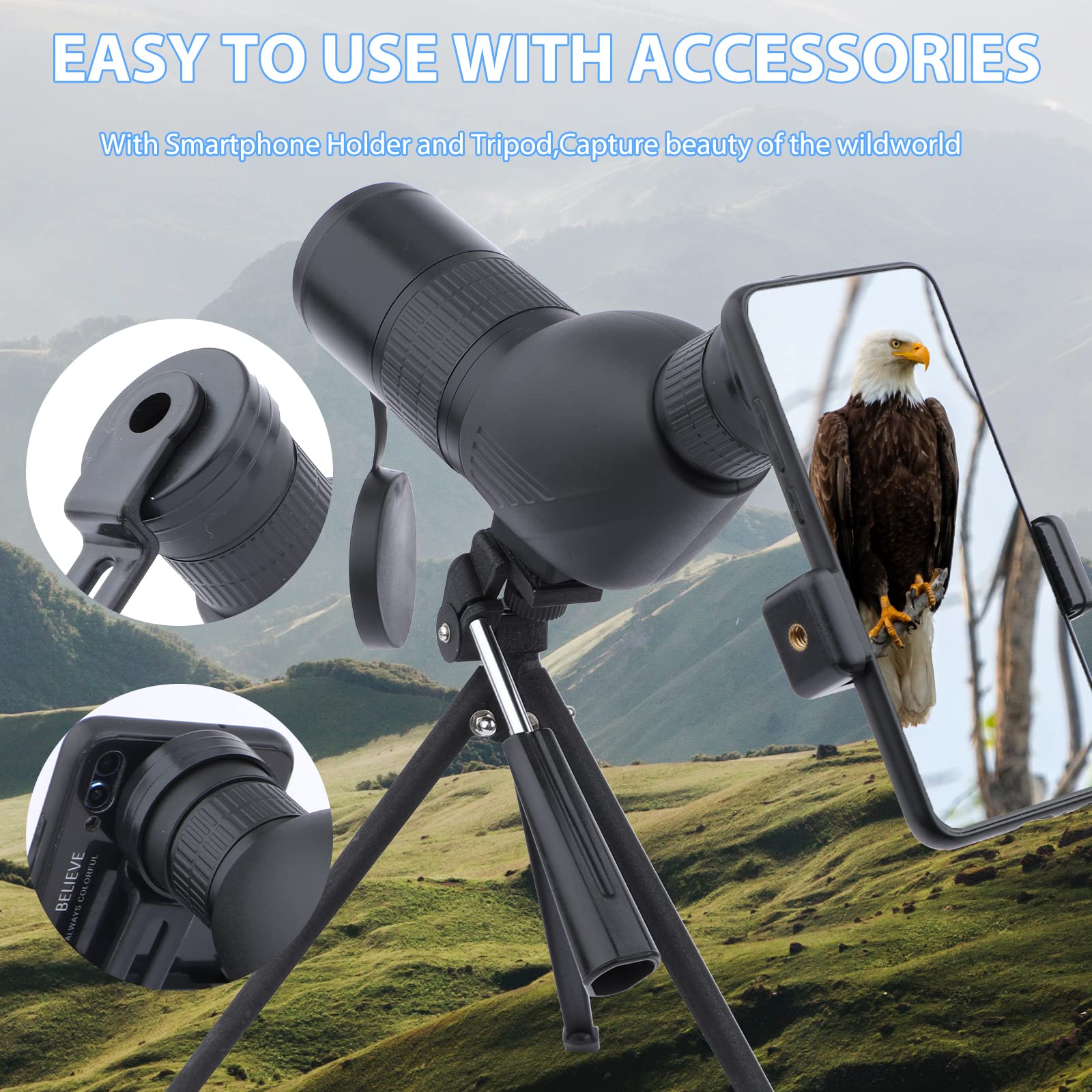 Telescopio Terrestre 12-36x50 HD con Trípode, Bolsa de Transporte y Adaptador de Teléfono Inteligente para Observación de Aves, Observación de Estrellas, Tiro con Arco, Paisaje de Vida Silvestre