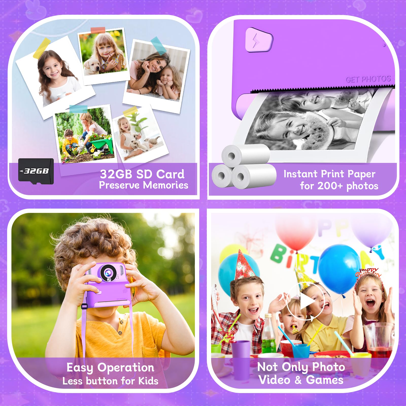 Cámara de impresión instantánea para niños, digital 1080P con tarjeta de 32 GB, portátil con cordón, para niñas y niños de 3 a 8 años 4