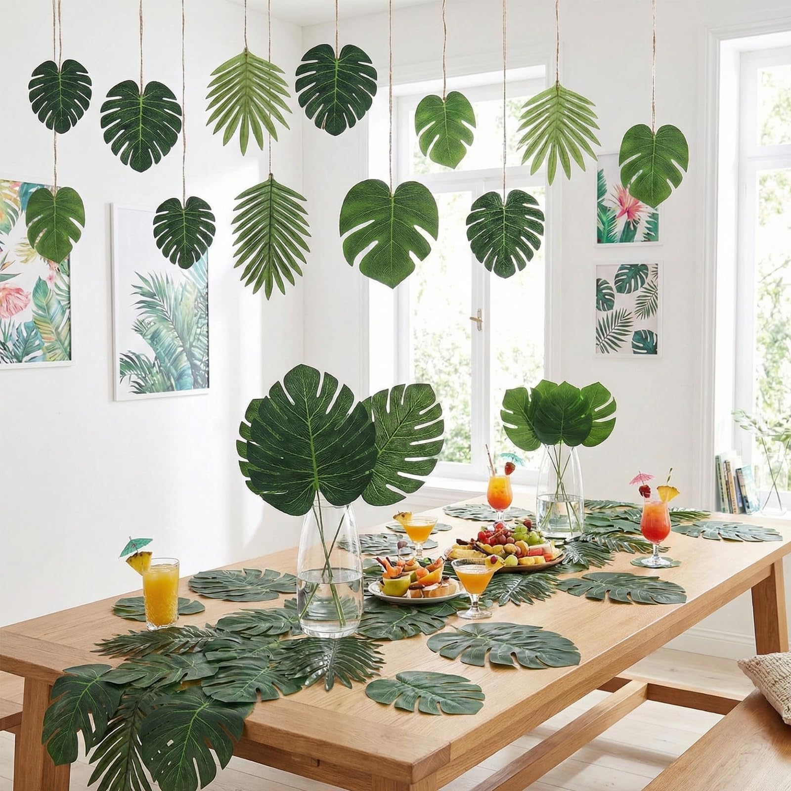 50 pezzi di foglie di palma artificiali, 5 dimensioni di foglie artificiali per decorazioni giungla, foglie artificiali per giungla, foglie di Monstera per piante artificiali a tema giungla