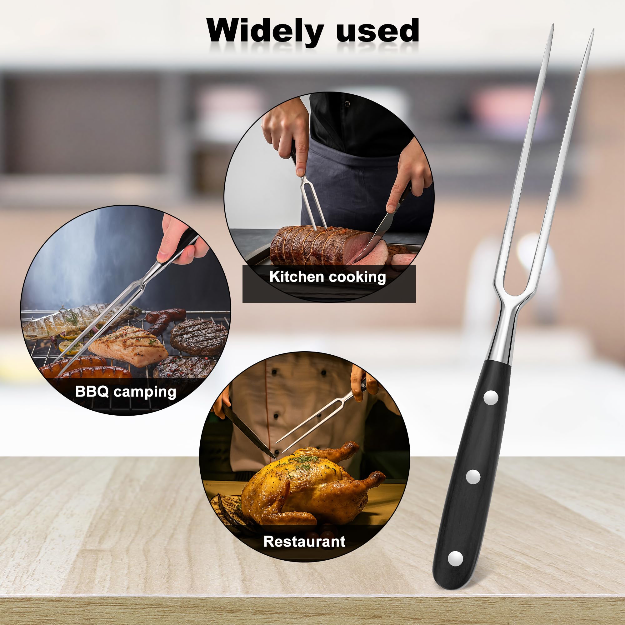 Grande fourchette à viande avec poignée en bois, 30 cm en acier inoxydable à deux dents pour la cuisson de la viande, kitcen, barbecue, poulet, dinde, bœuf, noir