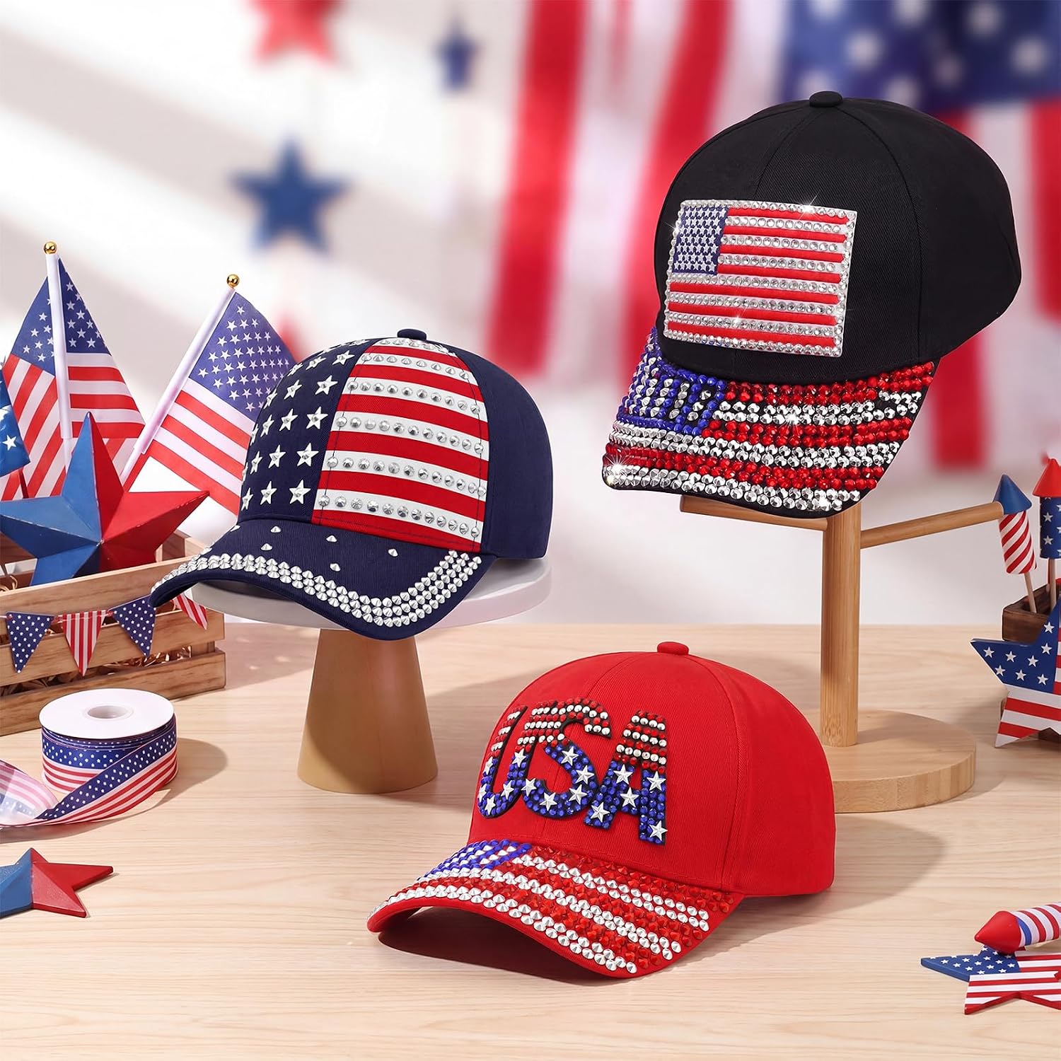 Unittype 3 Pcs American Flag Hats for Women Rhinestone Baseball Caps Sparkly USA Caps 4th of July Patriotic Hats for 250 Anniversary USA