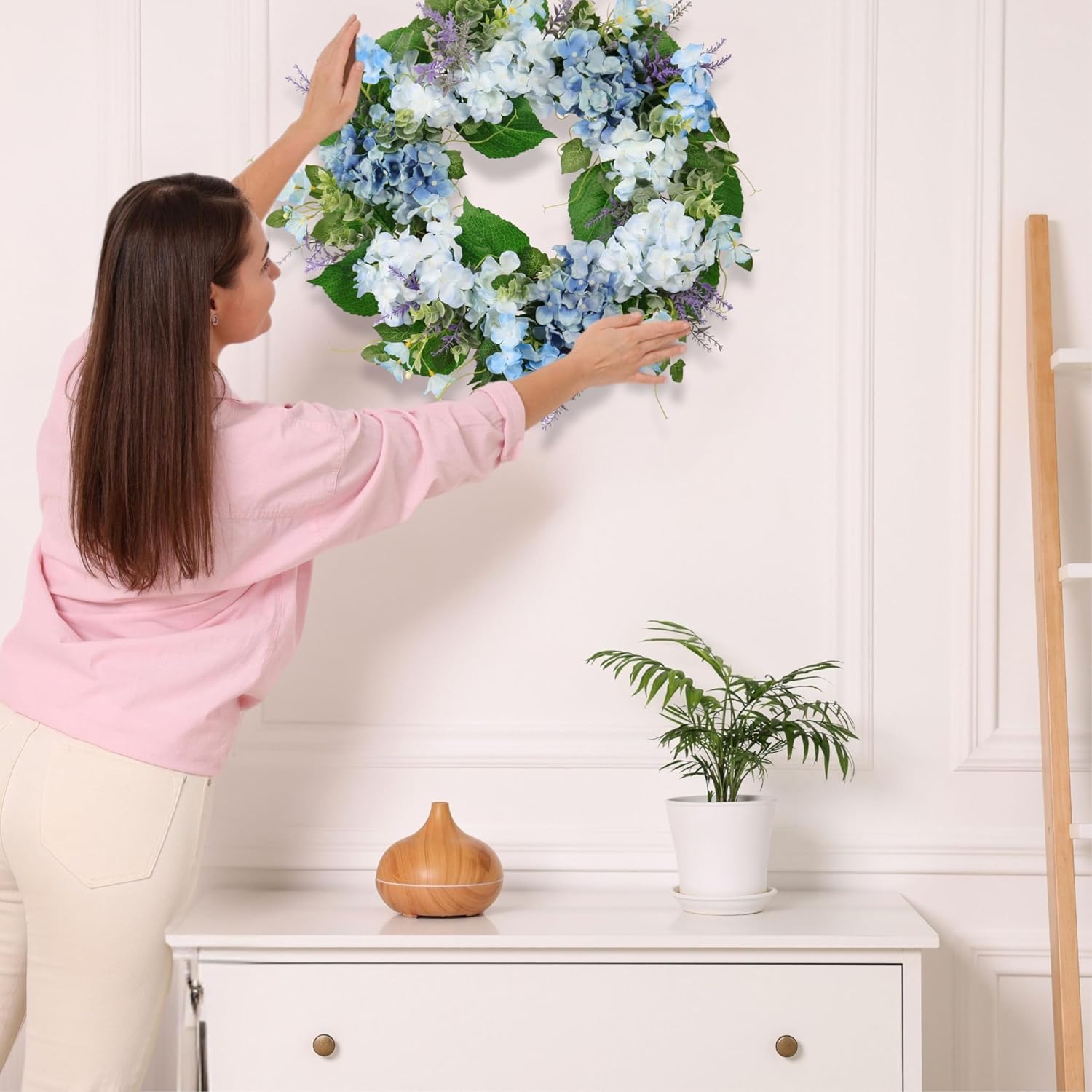 Spring Wreath Artificial Hydrangea Eucalyptus 20IN with Lavender, Light Blue White Green, Spring Easter Summer Front Door Wall Décor - Image 4