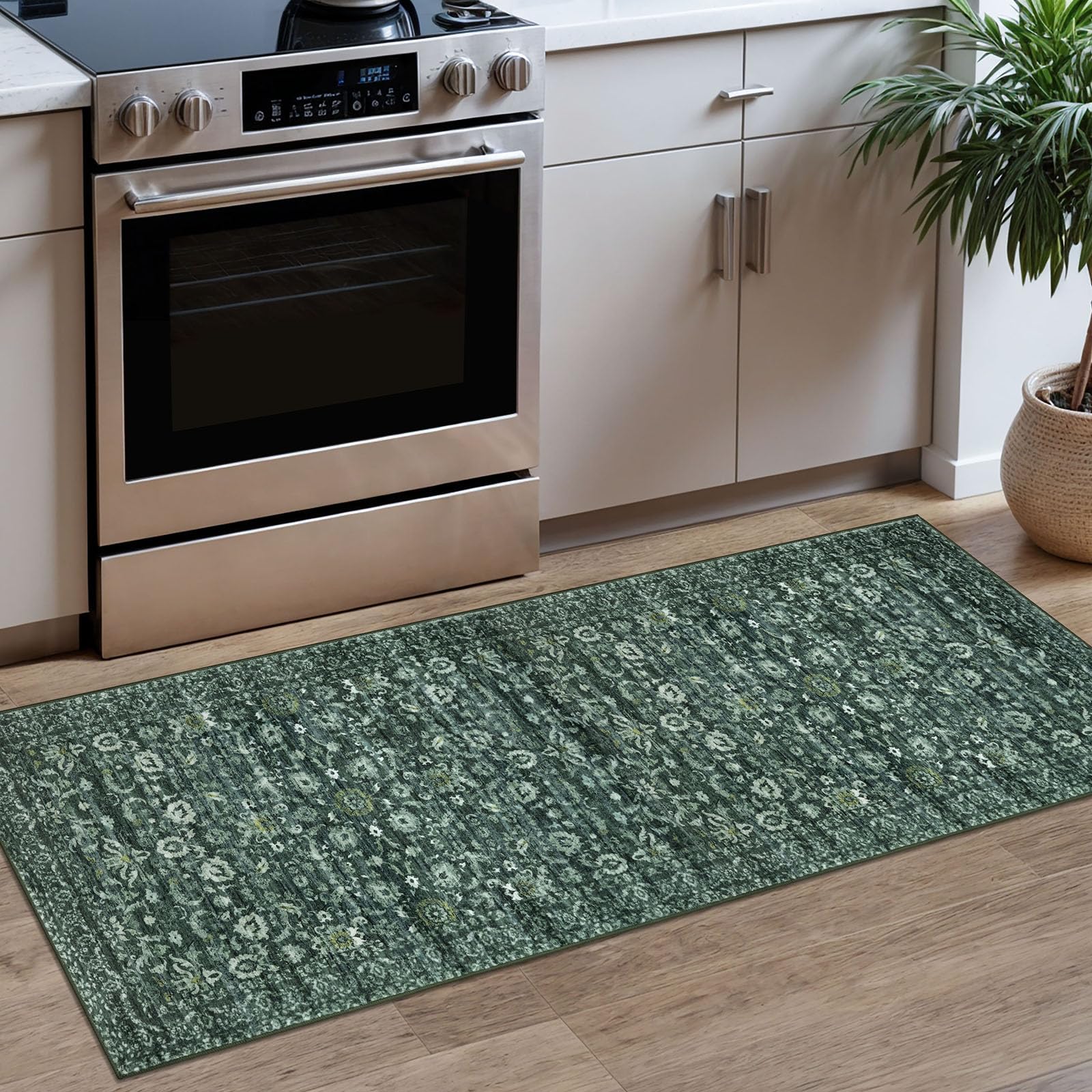 Lansny Vintage Floral 2x5 Runner, Dark Green Washable Hallway Runner, Non-Slip Kitchen Runner, Super Soft Thin Printed Faux Wool Carpet for Entryway,