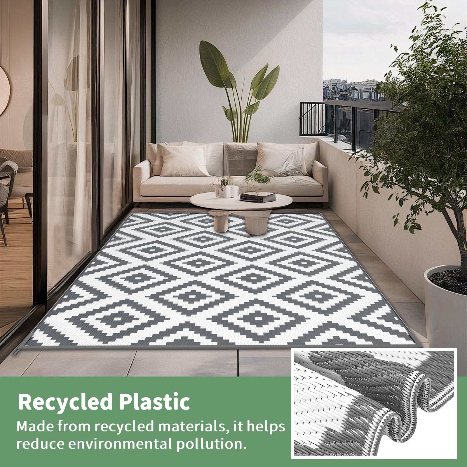 Tapis d'extérieur résistant aux intempéries, réversible, pour balcon, 240 x 300 cm, léger, couverture de pique-nique, auvent, pour camping, terrasse, jardin, gris