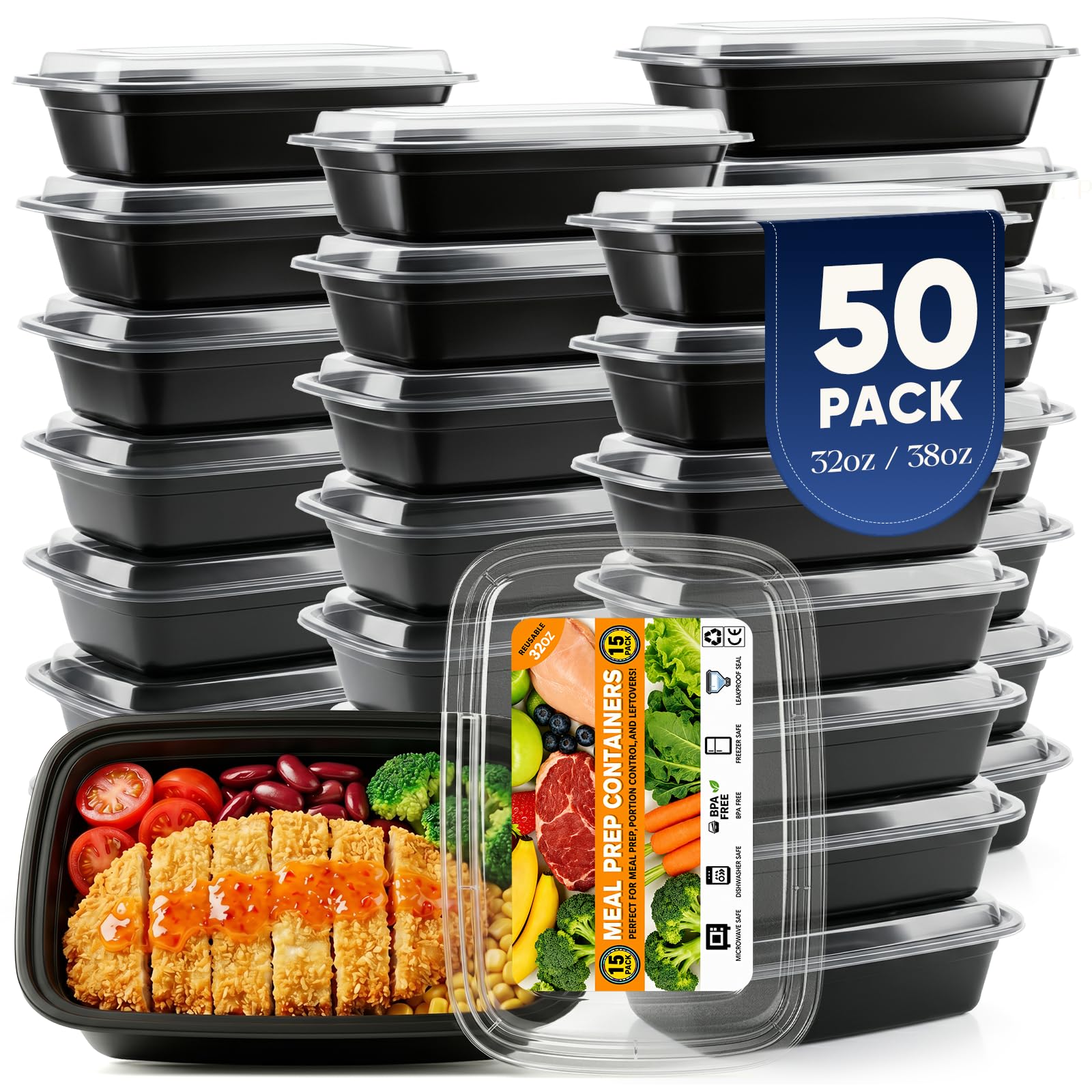 50 Pack Meal Prep Containers Reusable 32OZ Leakproof Food Containers
