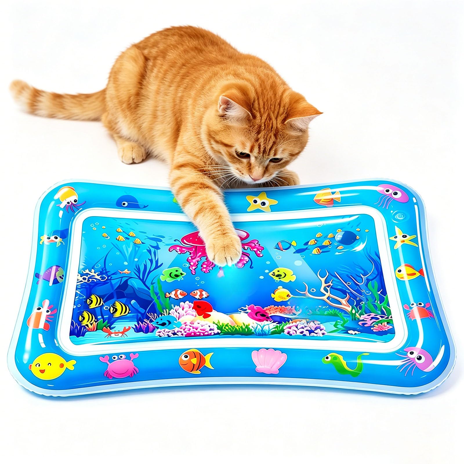 Kühlmatte Katze Wassermatte, Katzenspielzeug Wassermatte Sensorische Katze, 60x40CM Katzen Kühlmatte Katzenpool mit Fischen Spielzeug Licht, Interaktives Katzenspielzeug Selbstbeschäftigung Wasserbett