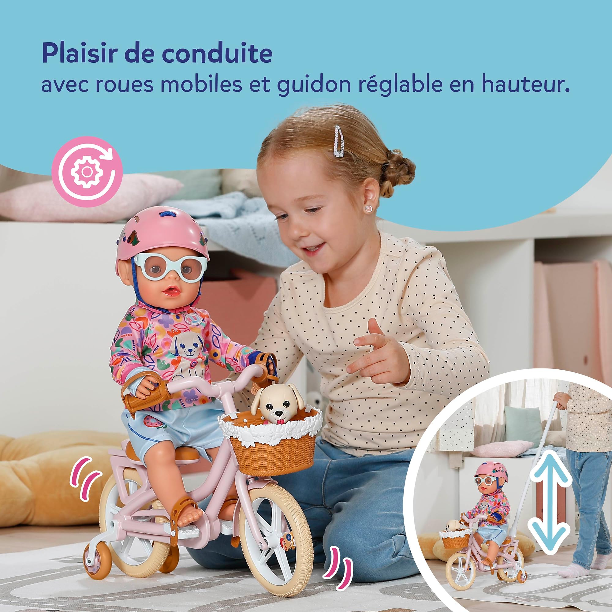 BABY born Vélo avec Lucky, vélo pour poupée avec Panier, Guidon et Autocollants