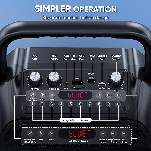 Miniatura 5 de Máquina de karaoke, altavoz Bluetooth portátil con 2 micrófonos inalámbricos para adultos y niños con luces, micrófono de karaoke con sistema PA